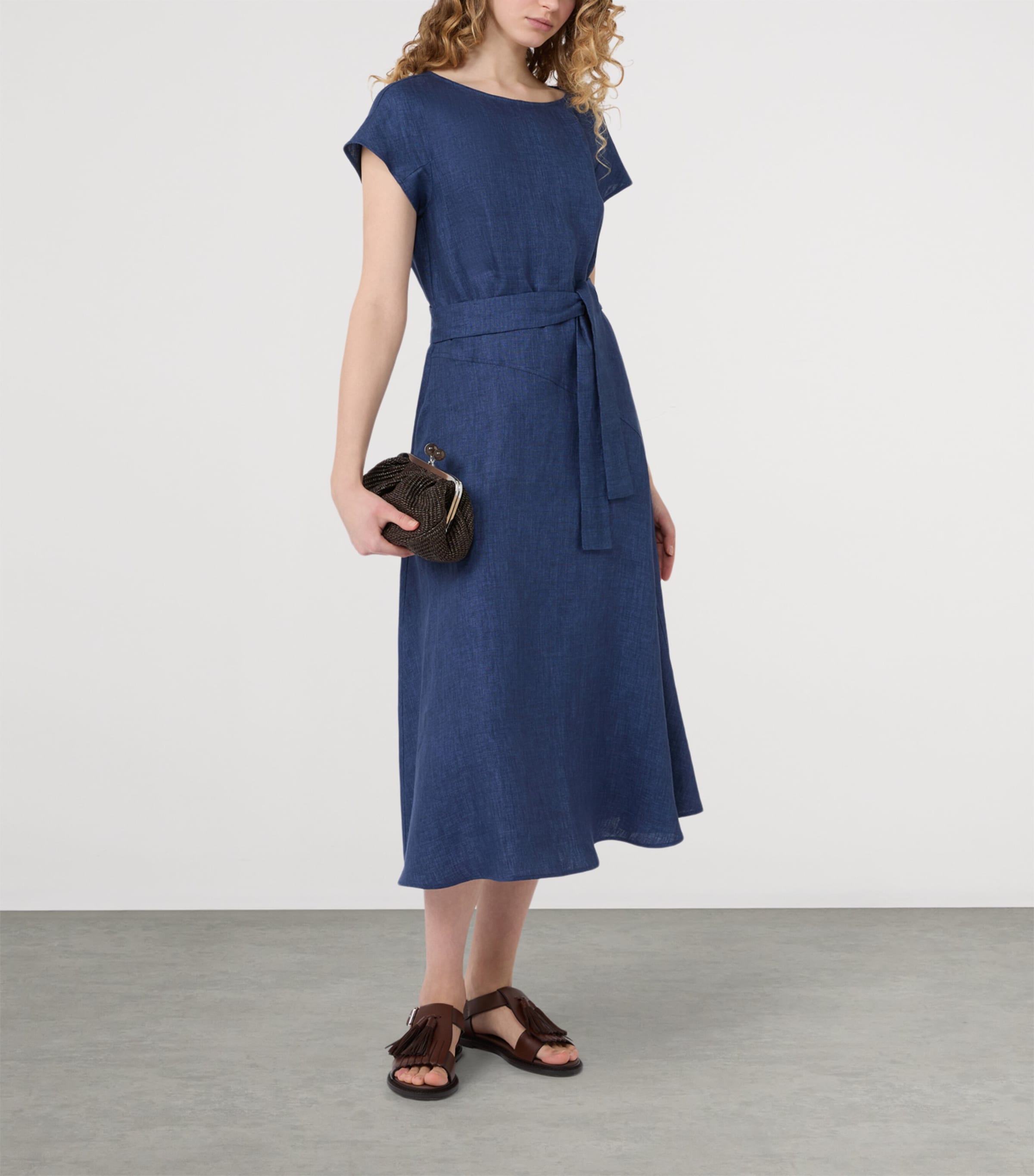 Weekend Max Mara Womens Linen Belted Midi Dress Navy Image 4