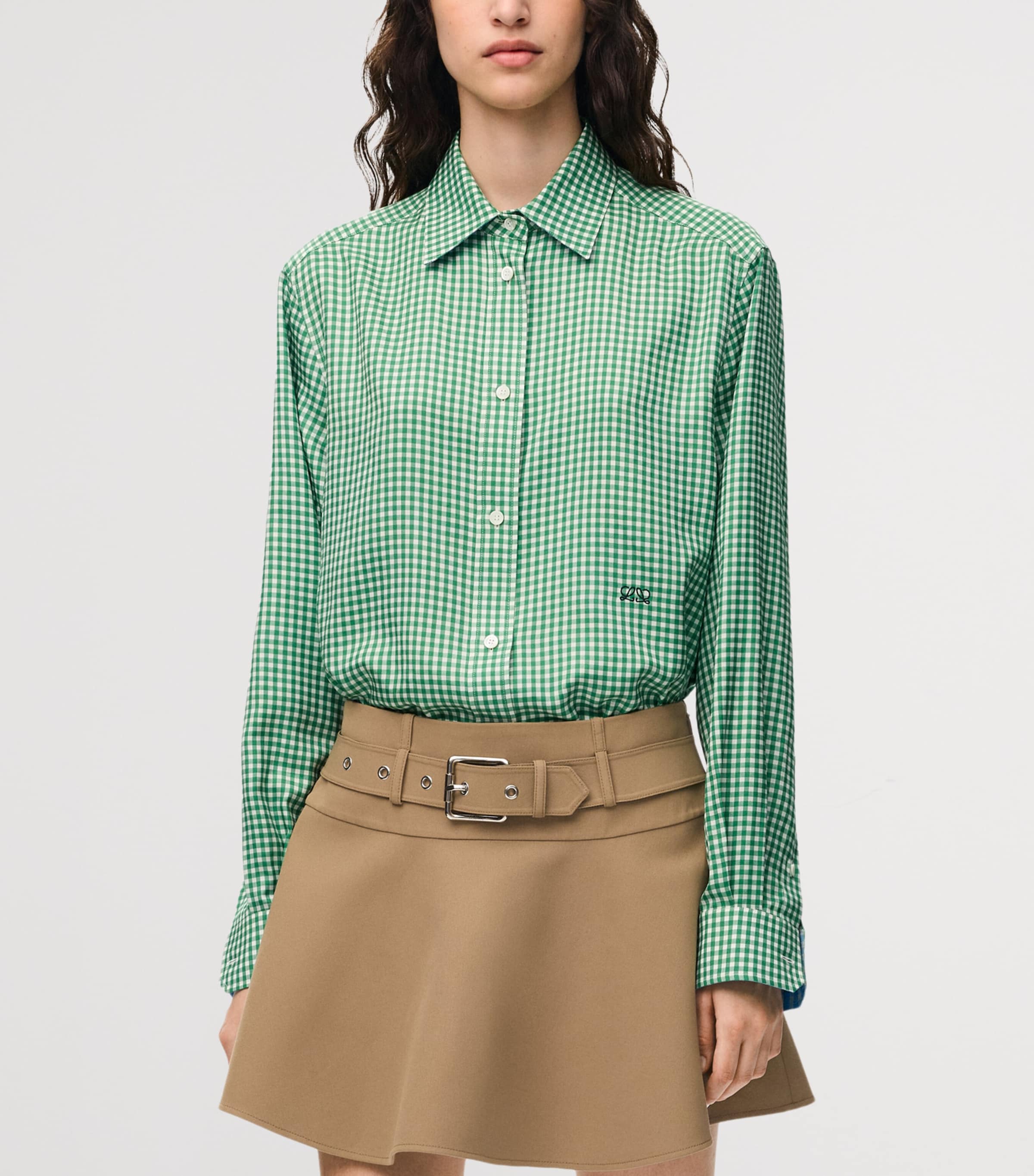 LOEWE Womens Silk-Blend Gingham Shirt Green/white Image 3