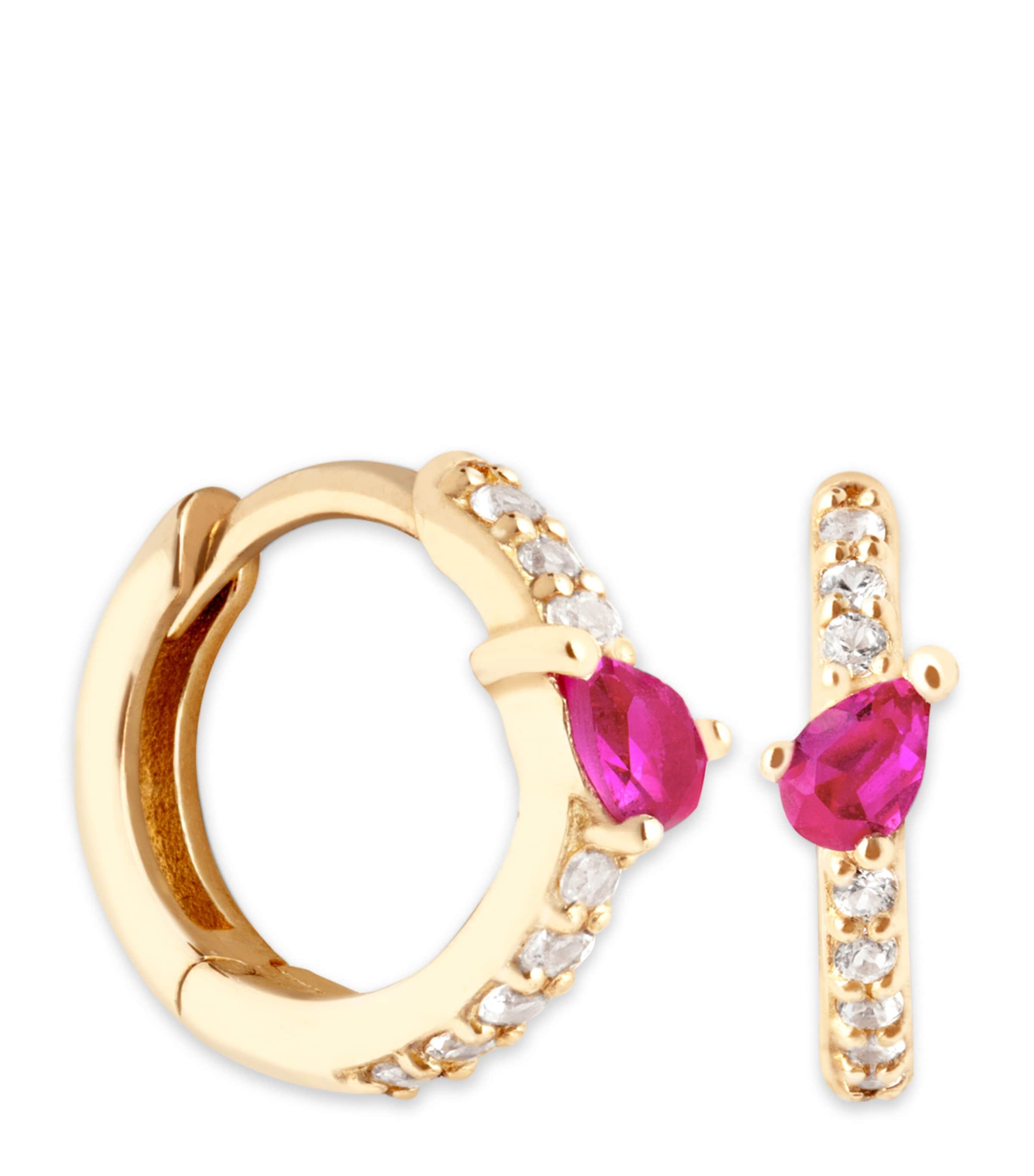 Astrid & Miyu Yellow Gold And Pink Sapphire Marquise Huggie Hoop Earrings In Gold