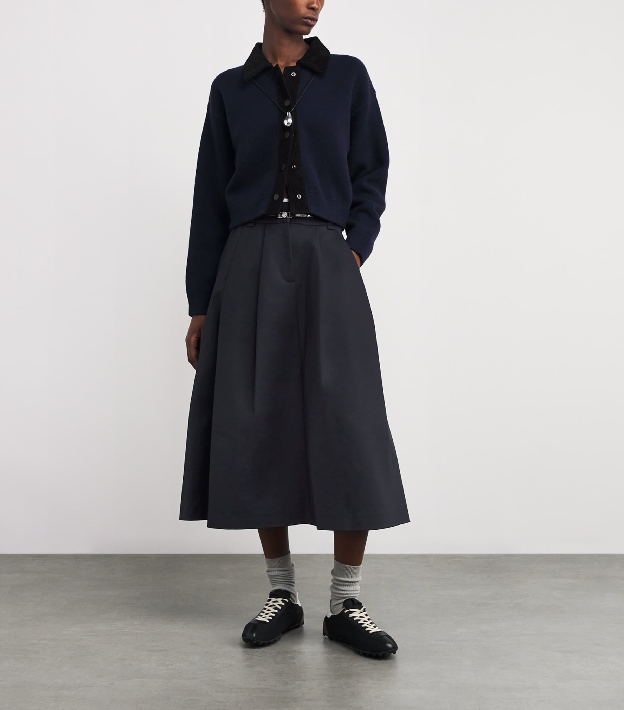 Cotton-Blend Belted Midi Skirt NAVY Image 2