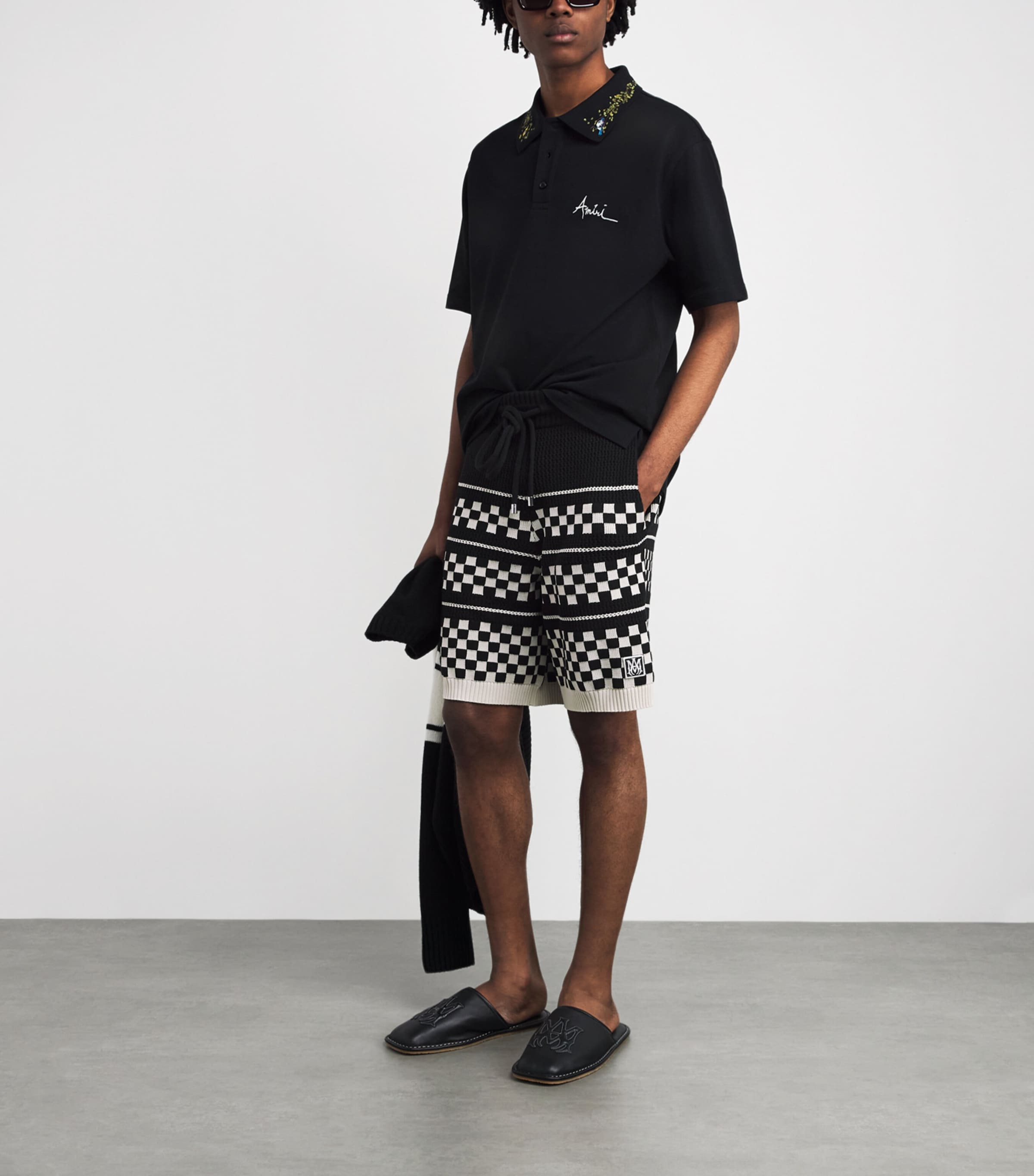 AMIRI Mens Wool-Blend Mesh Check Shorts Black Image 2
