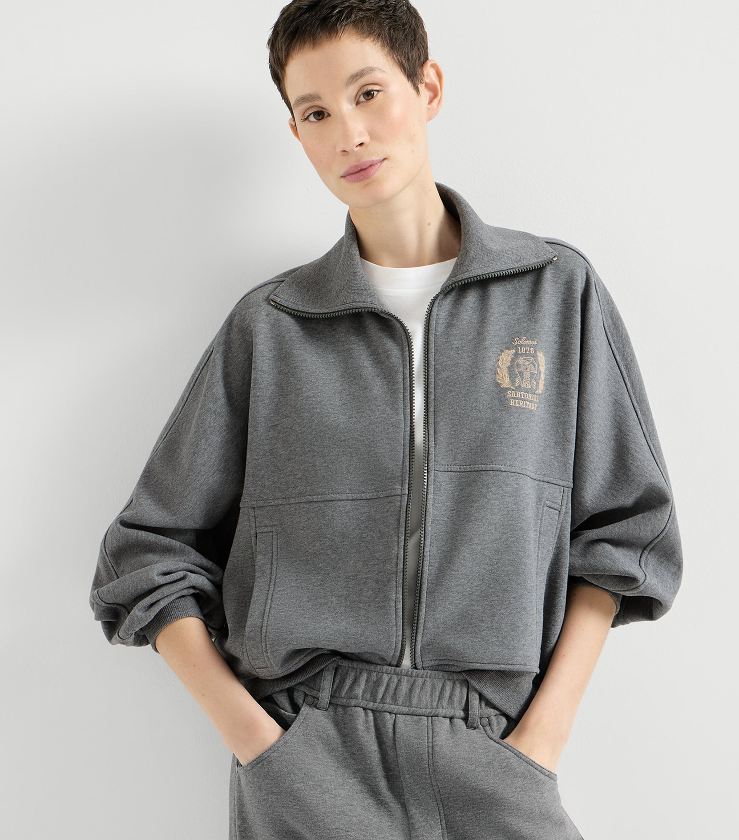 Brunello Cucinelli Grey Cotton French Terry Zip-Up Sweatshirt