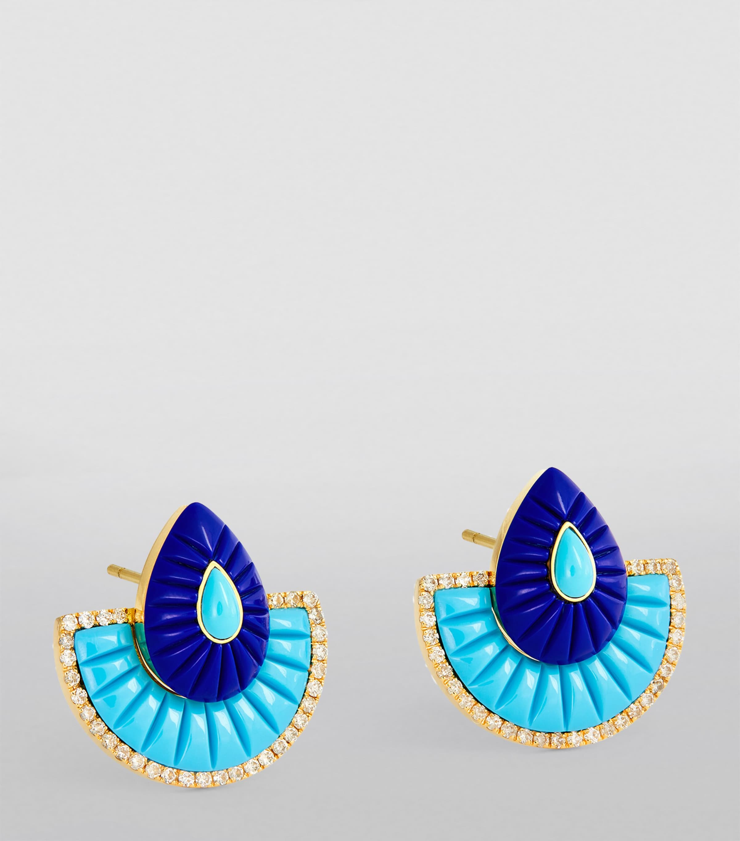 Yellow Gold, Lapis, Turquoise and Diamond Bond Fan Earrings TURQUOISE Image 2
