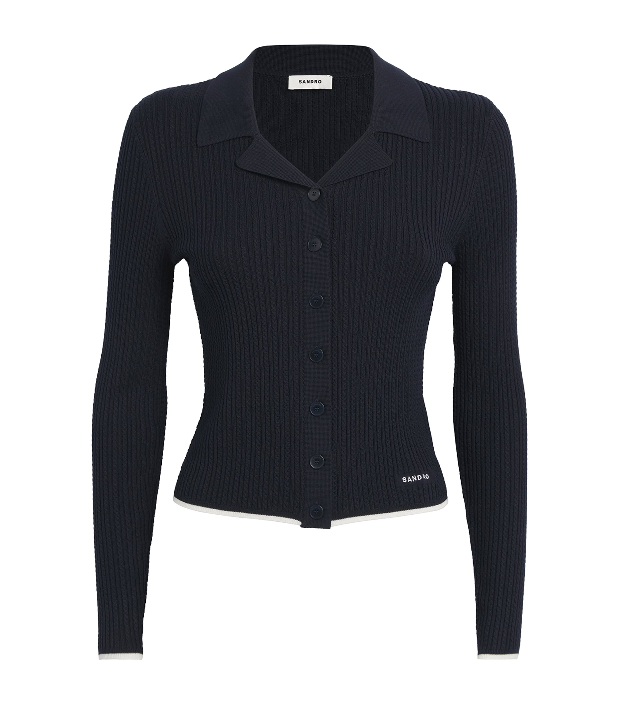 Sandro Cropped Polo Collar Cardigan In Blue