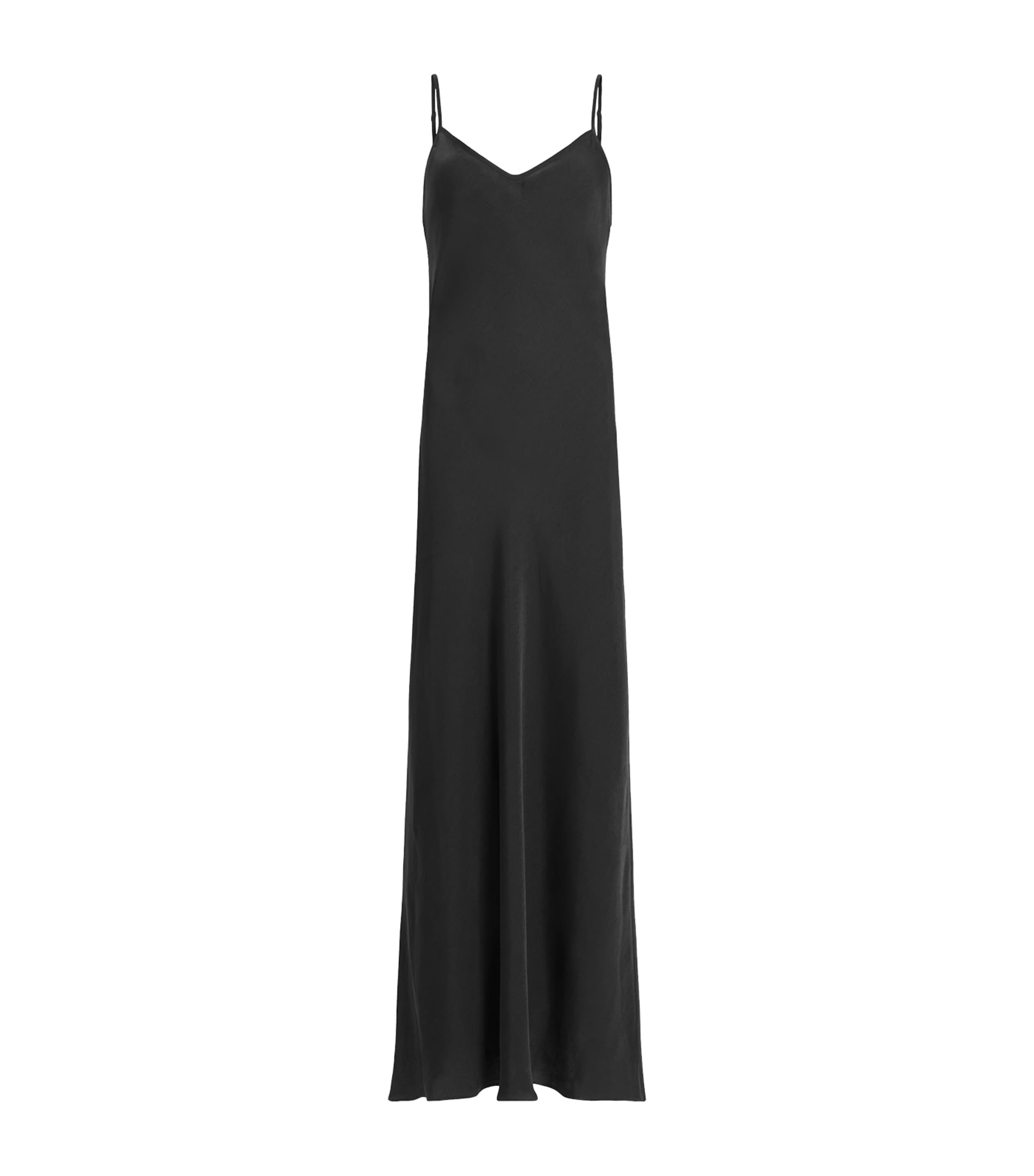 Allsaints Womens Black Bryony V-neck Bias-cut Recycled-polyester Midi Dress