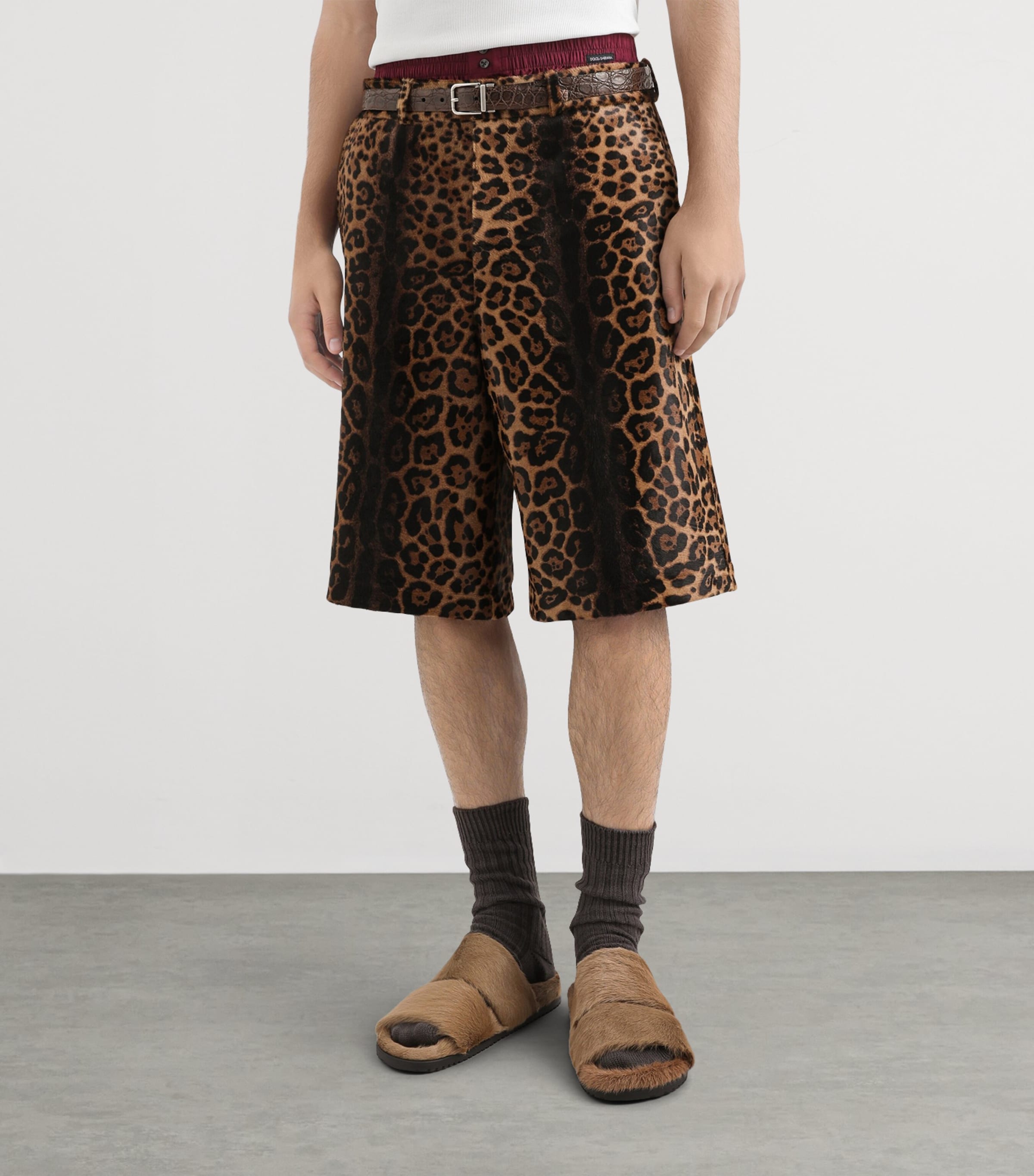Dolce&Gabbana Mens Leather Leopard Print Oversized Shorts Combined Colou Image 4
