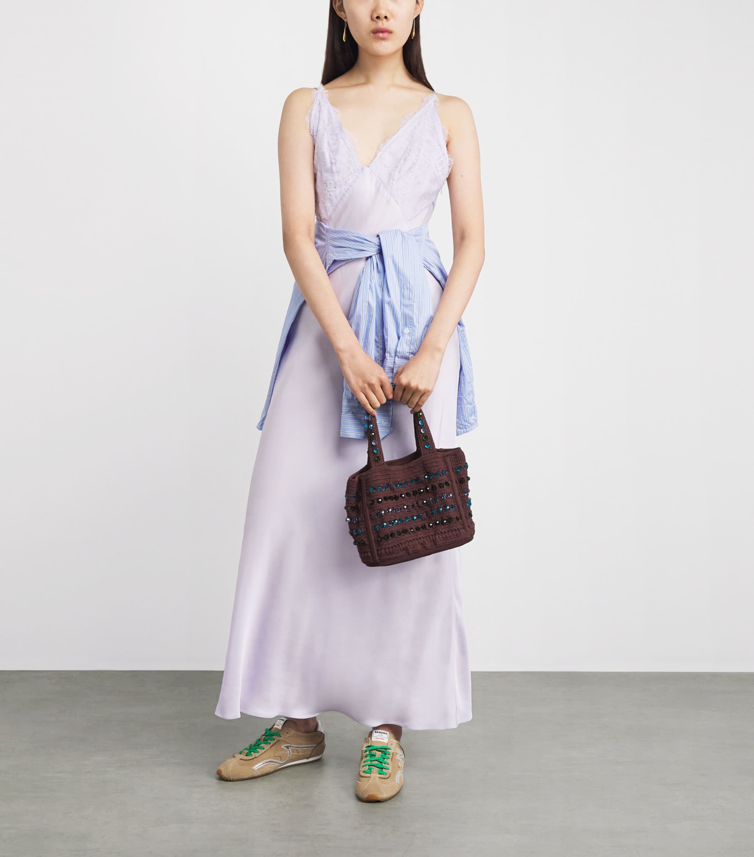 Sandro Paris Womens Satin Lace-Trim Maxi Dress Mauve Image 2