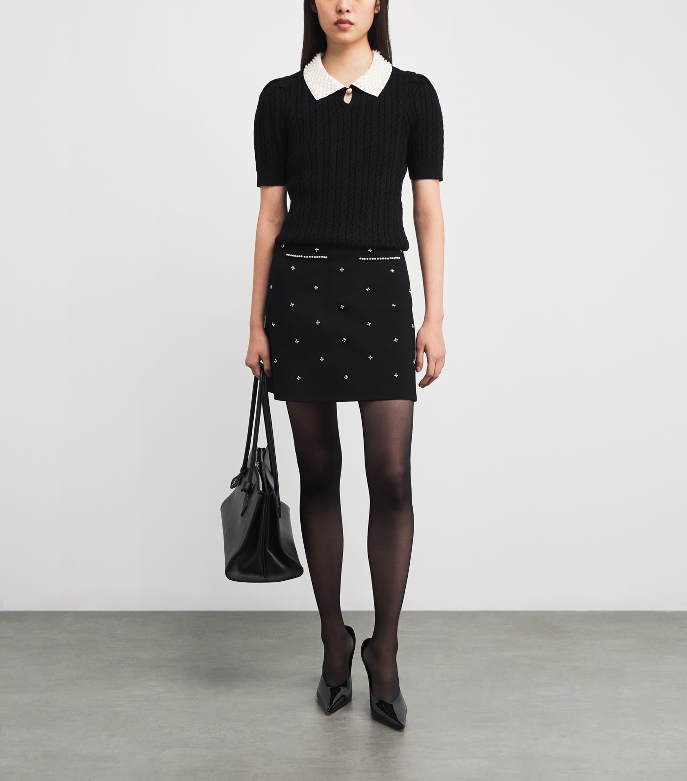 Cotton-Wool-Blend Cable-Knit Pearl-Collar Sweater BLACK Image 2