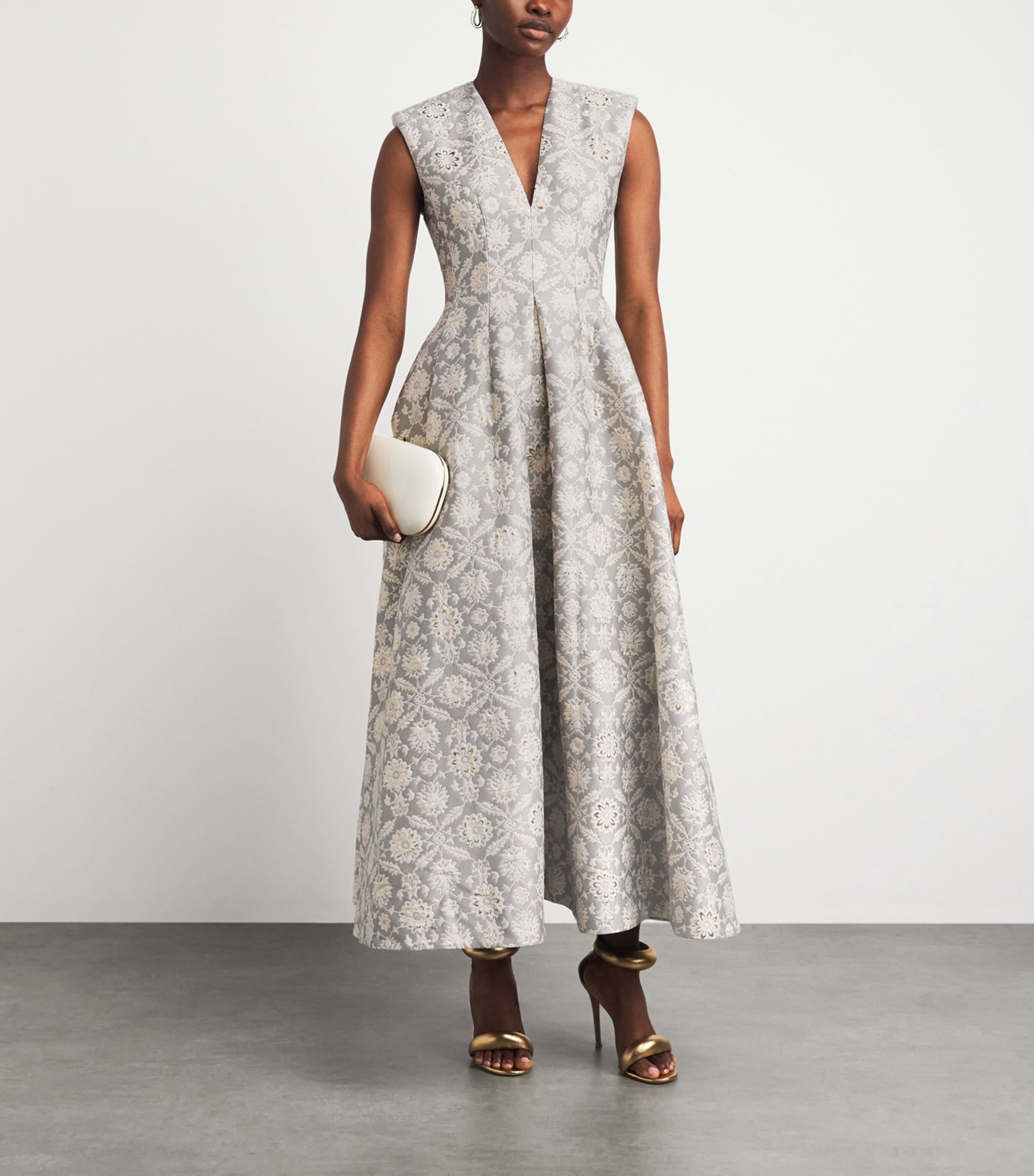 Huishan Zhang Womens Metallic Jacquard Kyle Midi Dress Grey Image 2