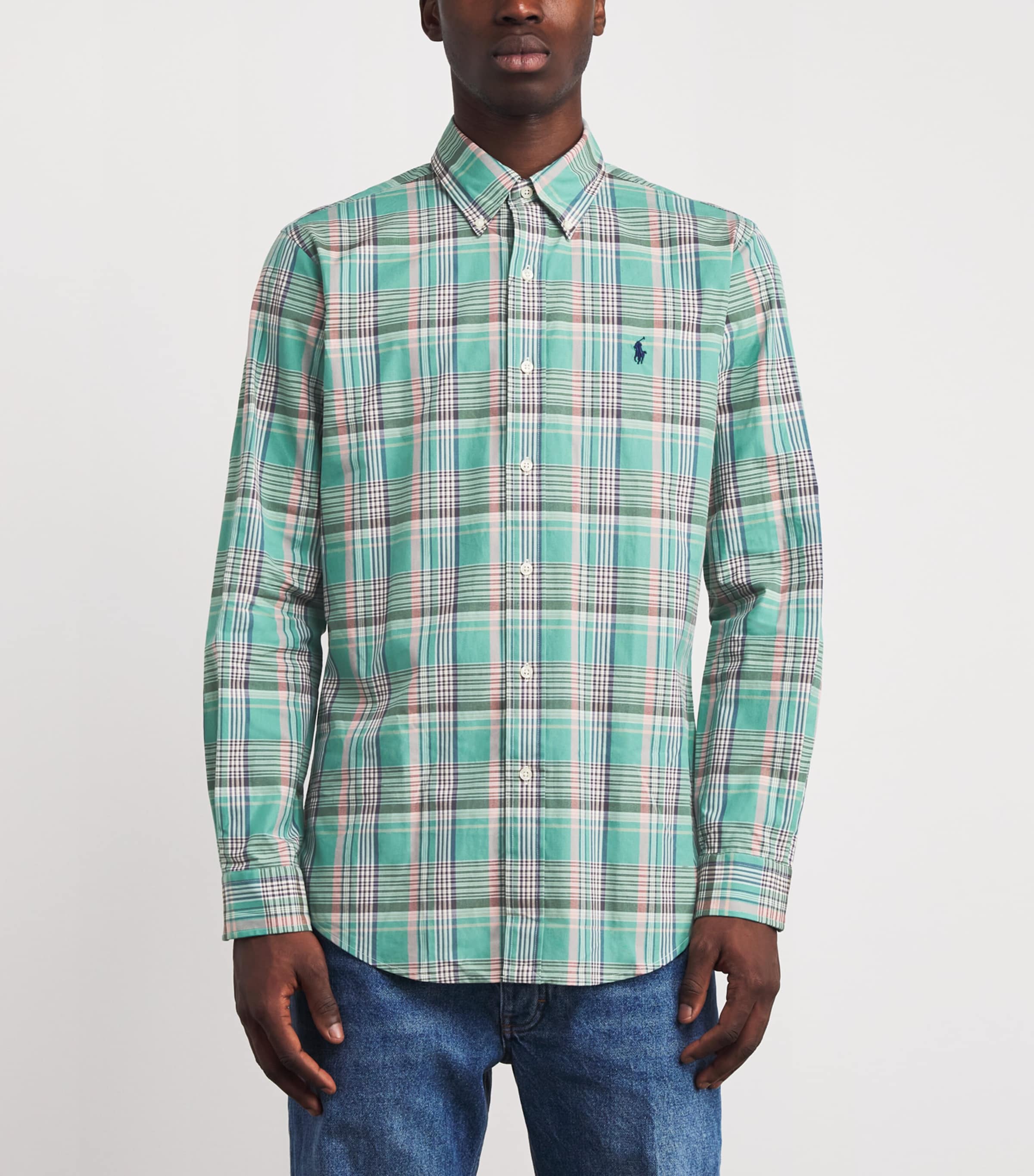 Cotton Check Logo Shirt GREEN PINK Image 3