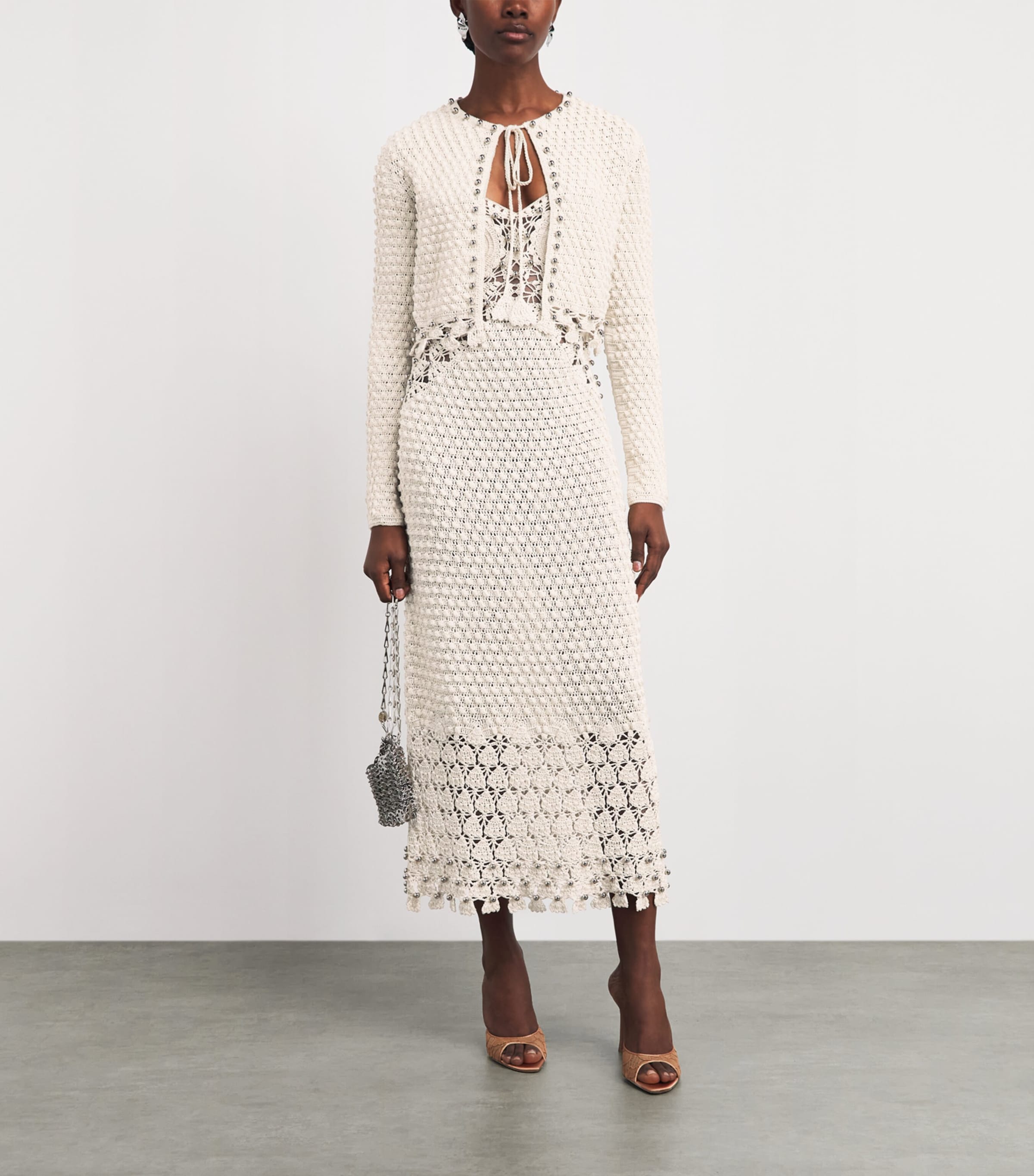 Rabanne Womens Cotton Crochet Tie-Detail Cardigan Ecru Fluffy Image 2