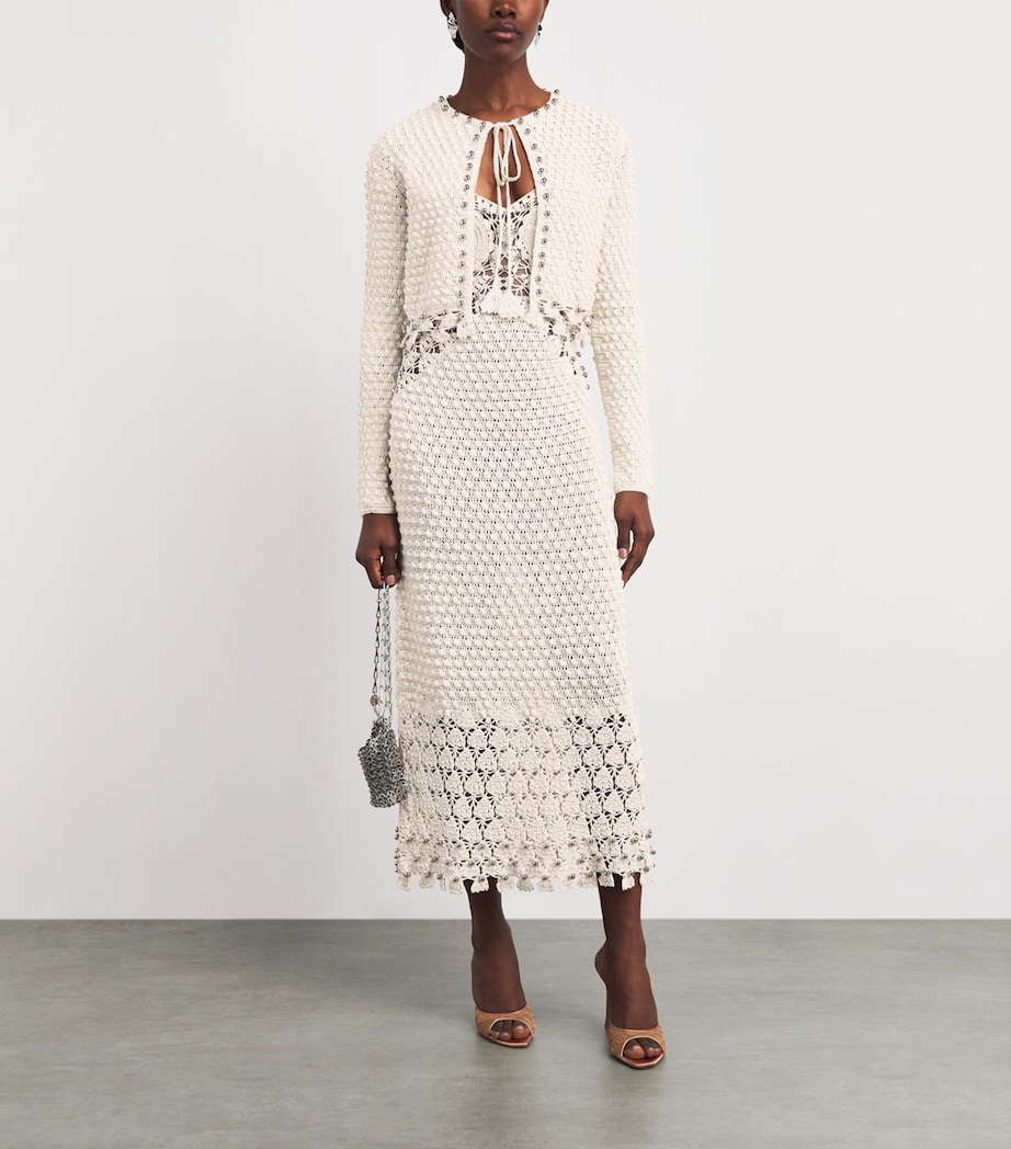 Rabanne Womens Cotton Crochet Tie-Detail Cardigan Ecru Fluffy Image 2