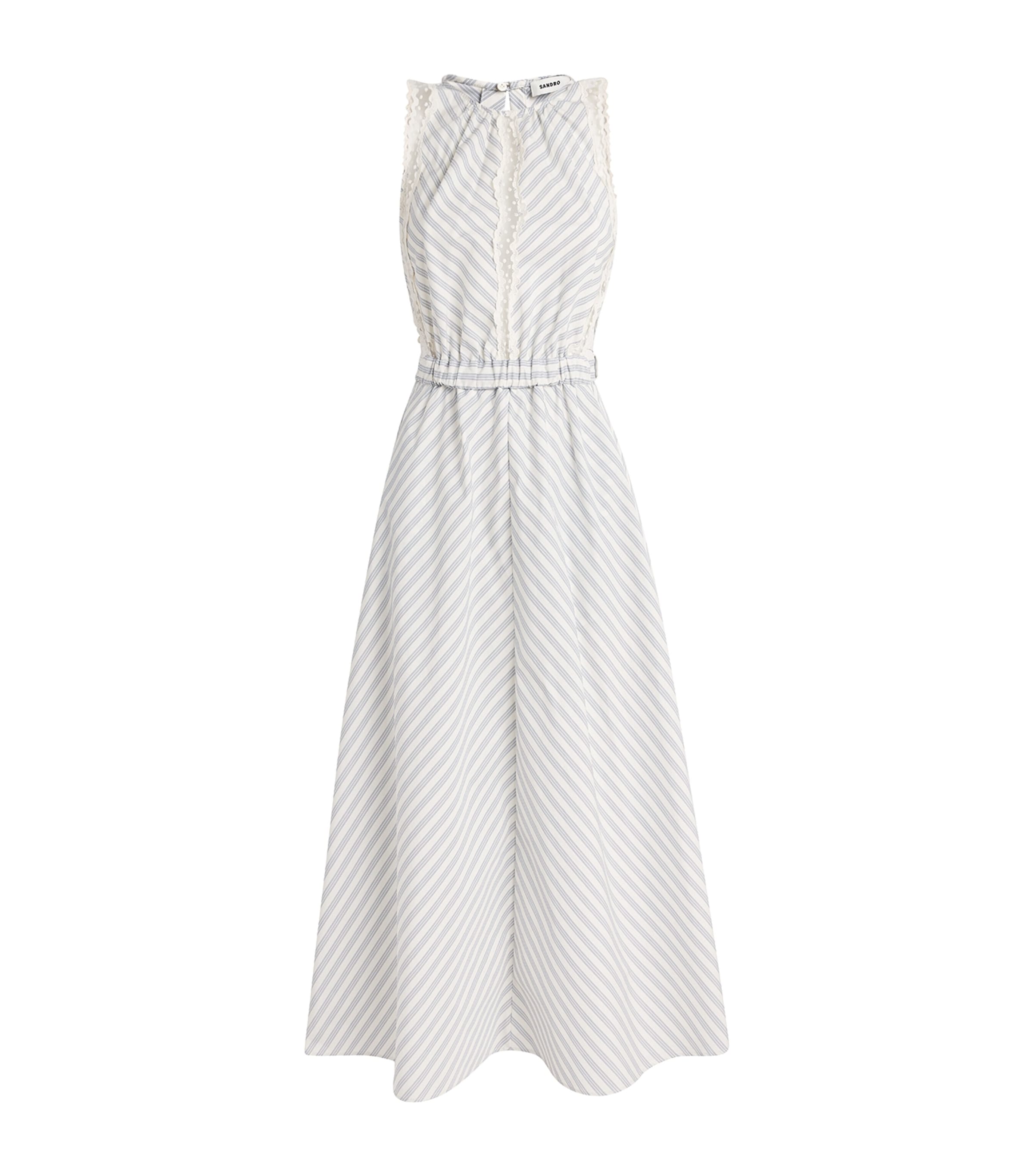 Sandro Paris Womens Cotton Stripe Embroidered Midi Dress Ecru / Bleu Image 1