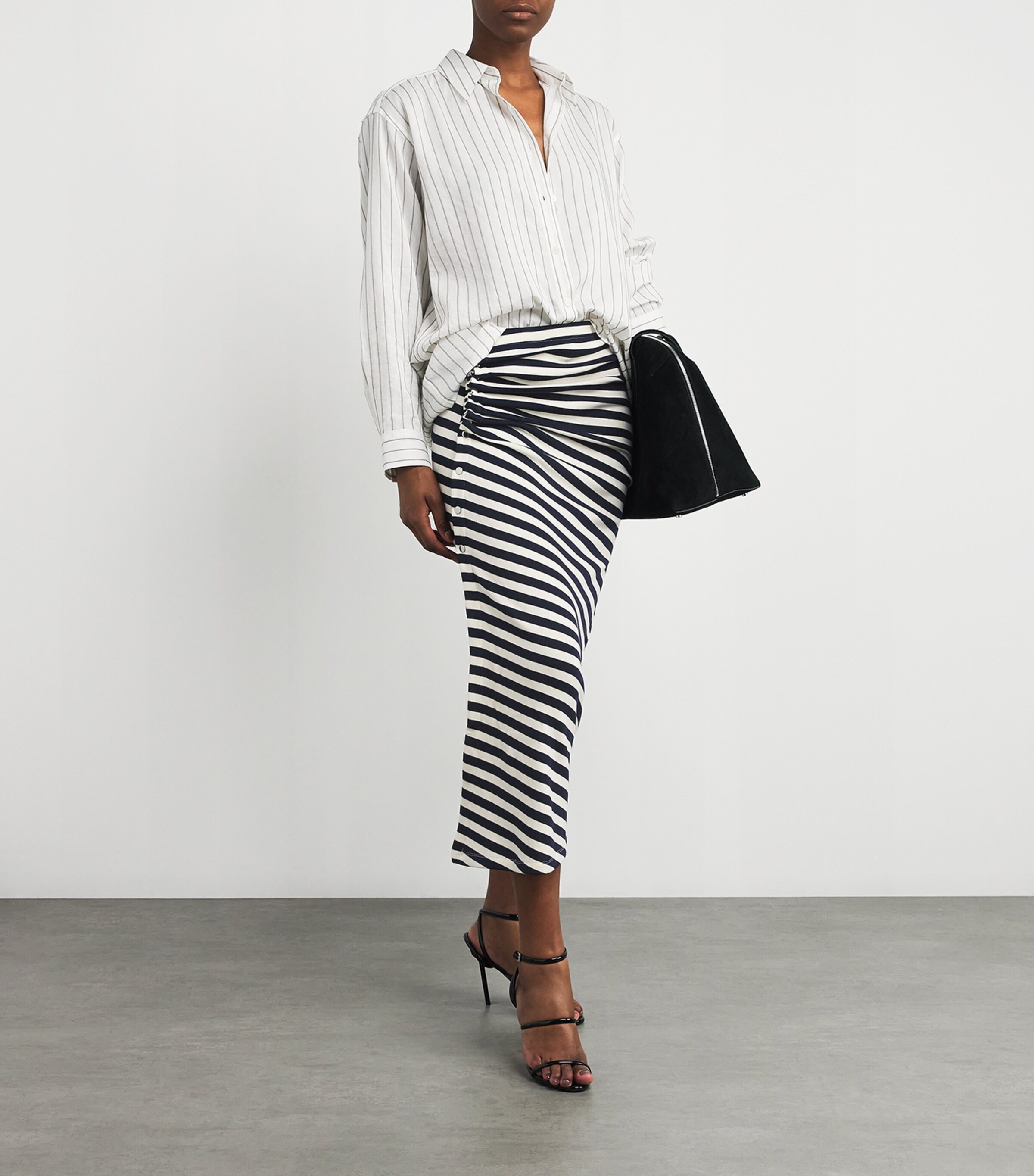 Wool Asymmetric Stripe Midi Skirt M128 NAVY / CREAM Image 2