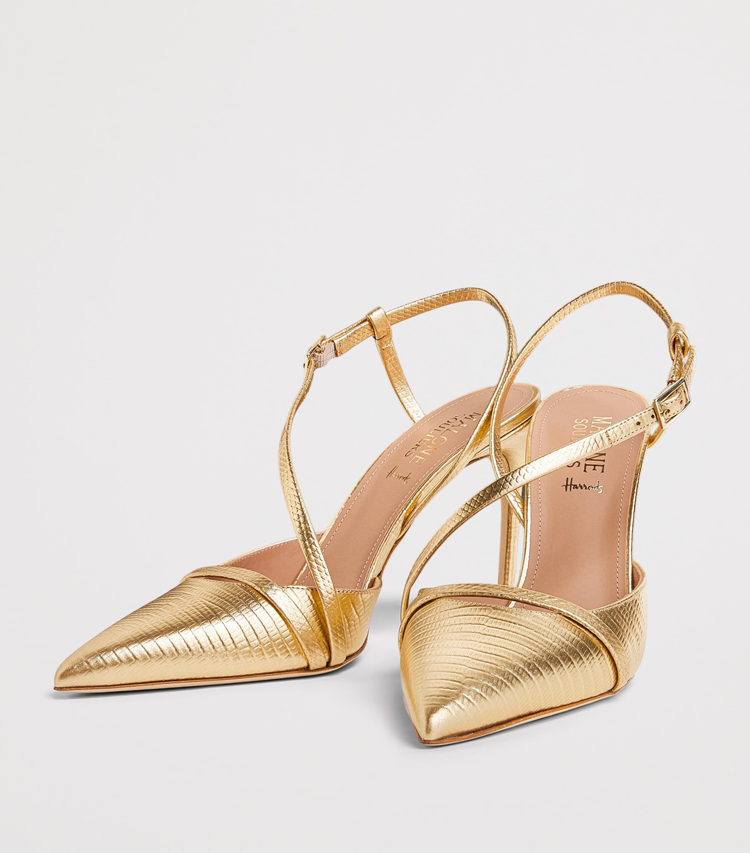 Malone Souliers x Harrods Exclusive Metallic Leather Embossed Valeria Slingback Pumps 90 Antique Gold Image 3