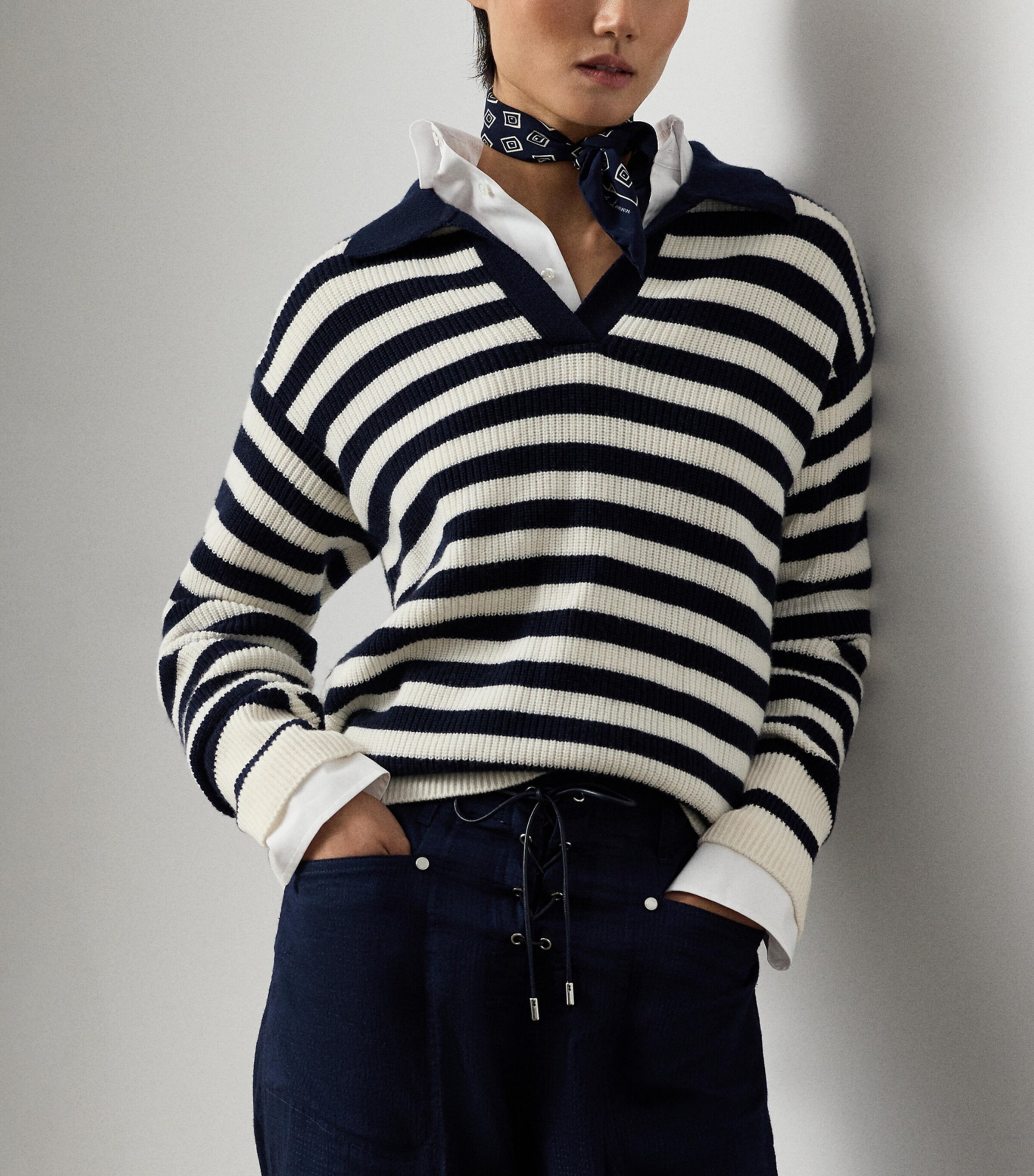 Ralph Lauren Collection Womens Cashmere Stripe Polo Sweater Natural Image 4
