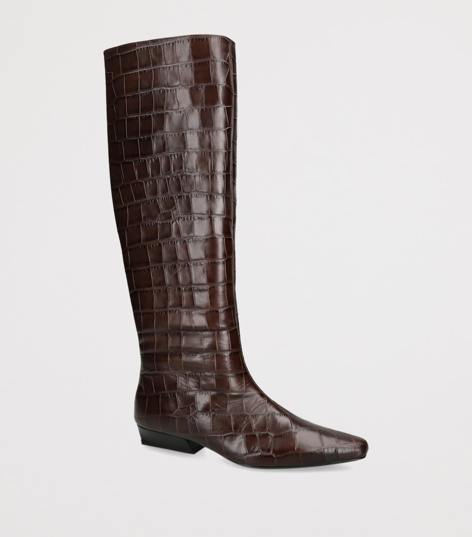 Croc-Effect Leather Wally Flat Boots DARK BROWN Image 3