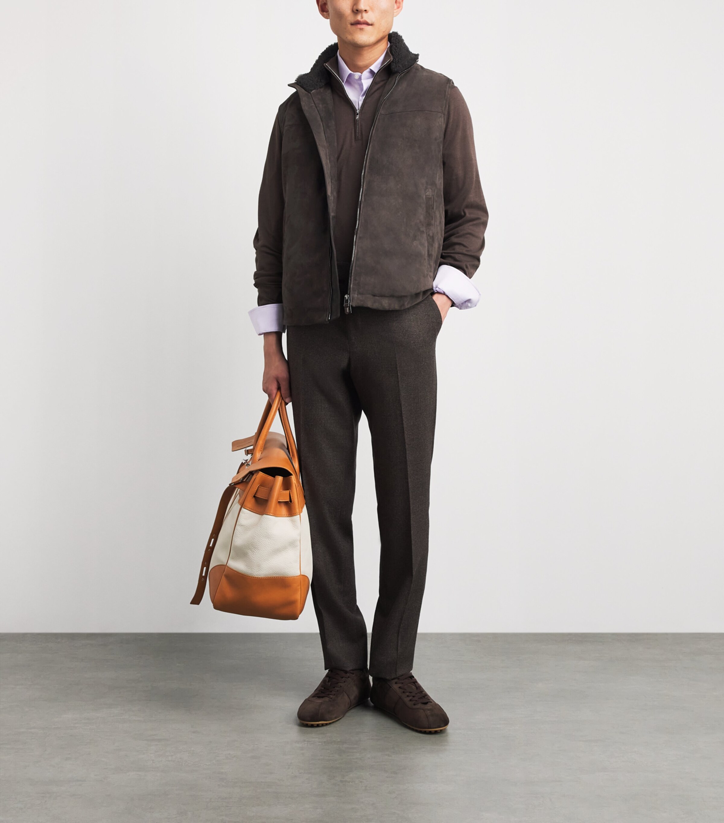 Canali Mens Suede Shearling-Collar Padded Gilet Brown Image 2