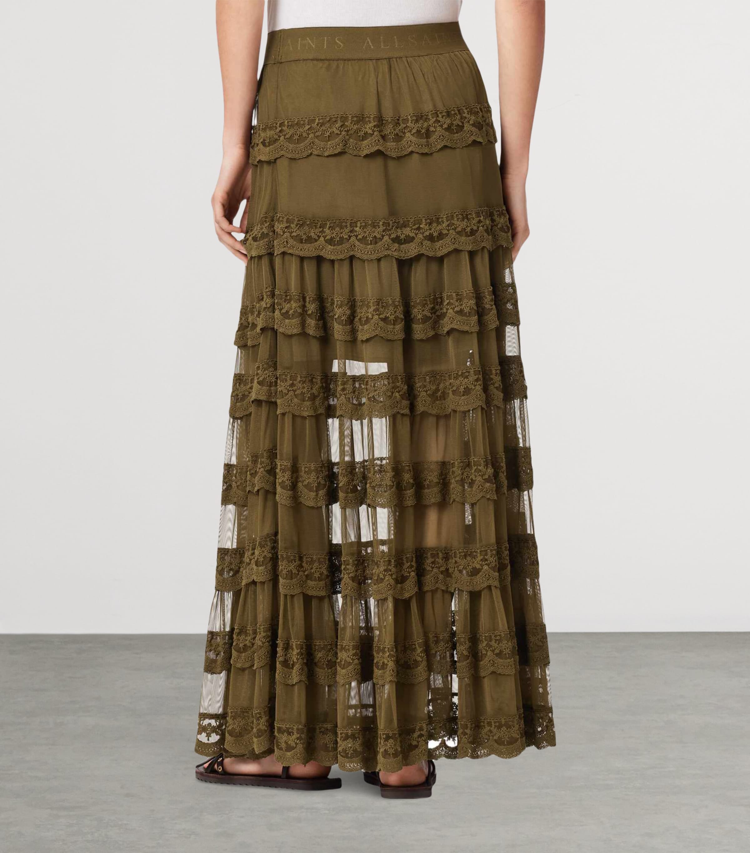 AllSaints Womens Lace Tiered Maggie Maxi Skirt Olive Khaki Green Image 4