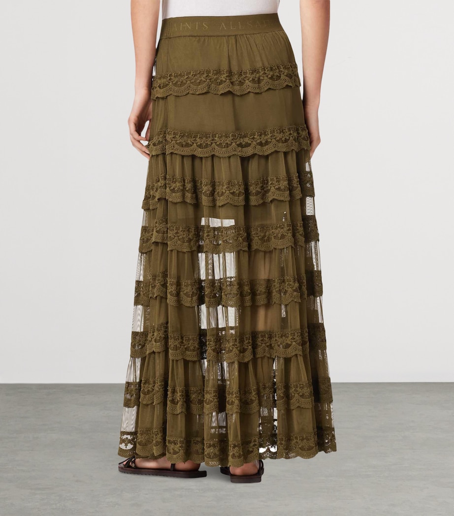 AllSaints Womens Lace Tiered Maggie Maxi Skirt Olive Khaki Green Image 4