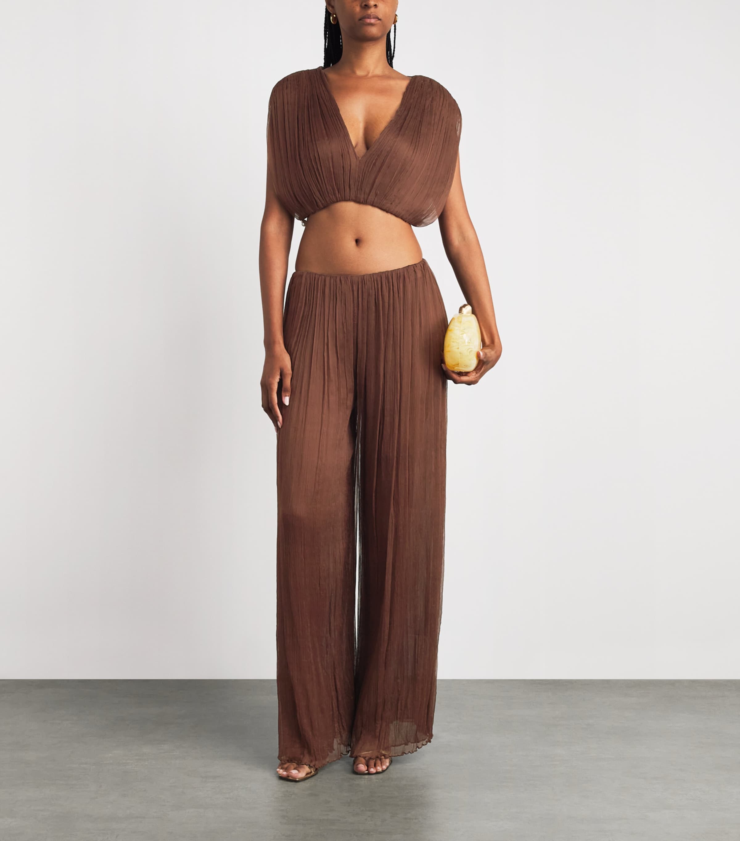 Moré Noir Womens Silk Chiffon Pleated Max Trousers Bitter Chocolate Image 2