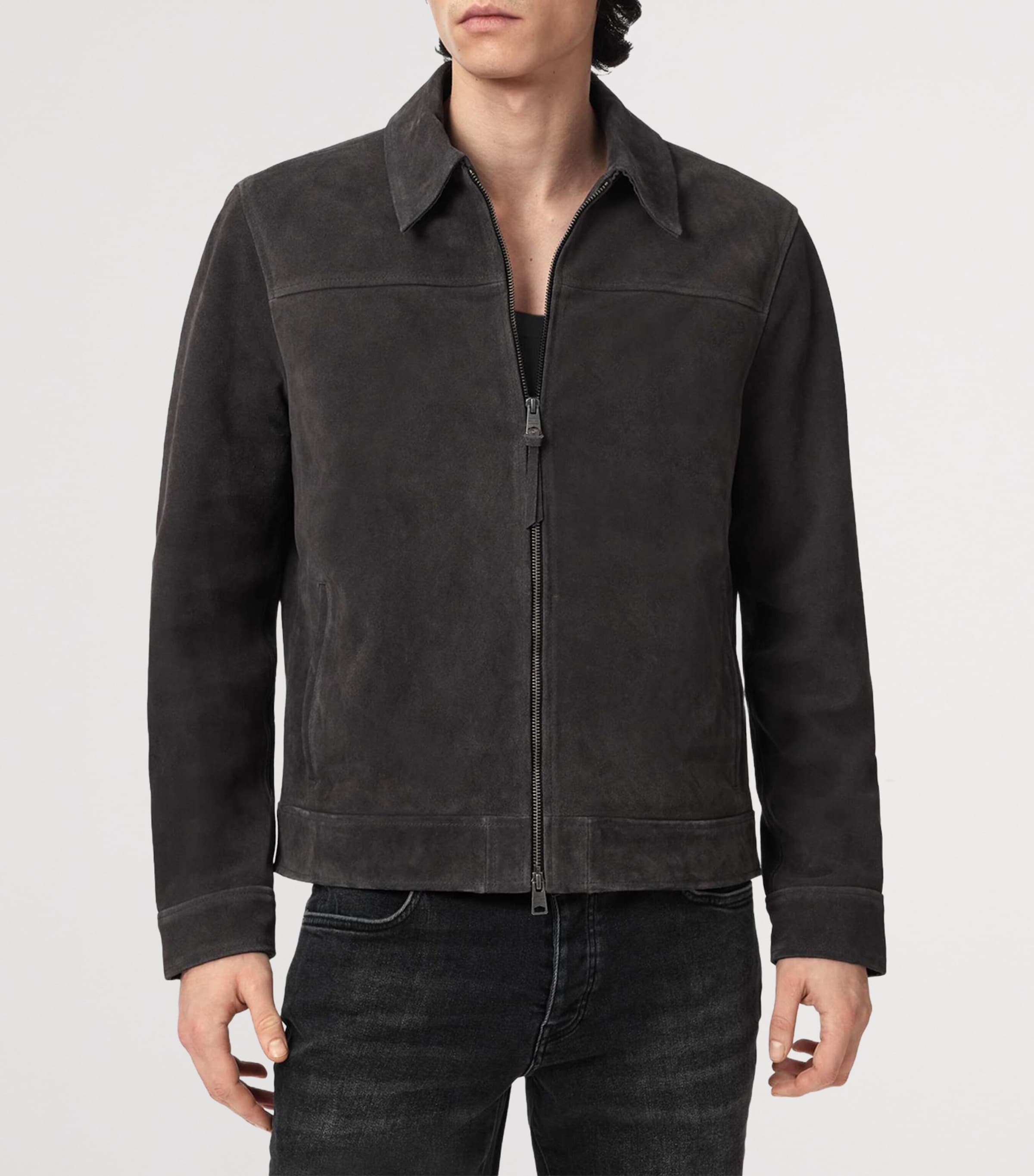 AllSaints Mens Suede Rhone Jacket Anthracite Grey Image 3