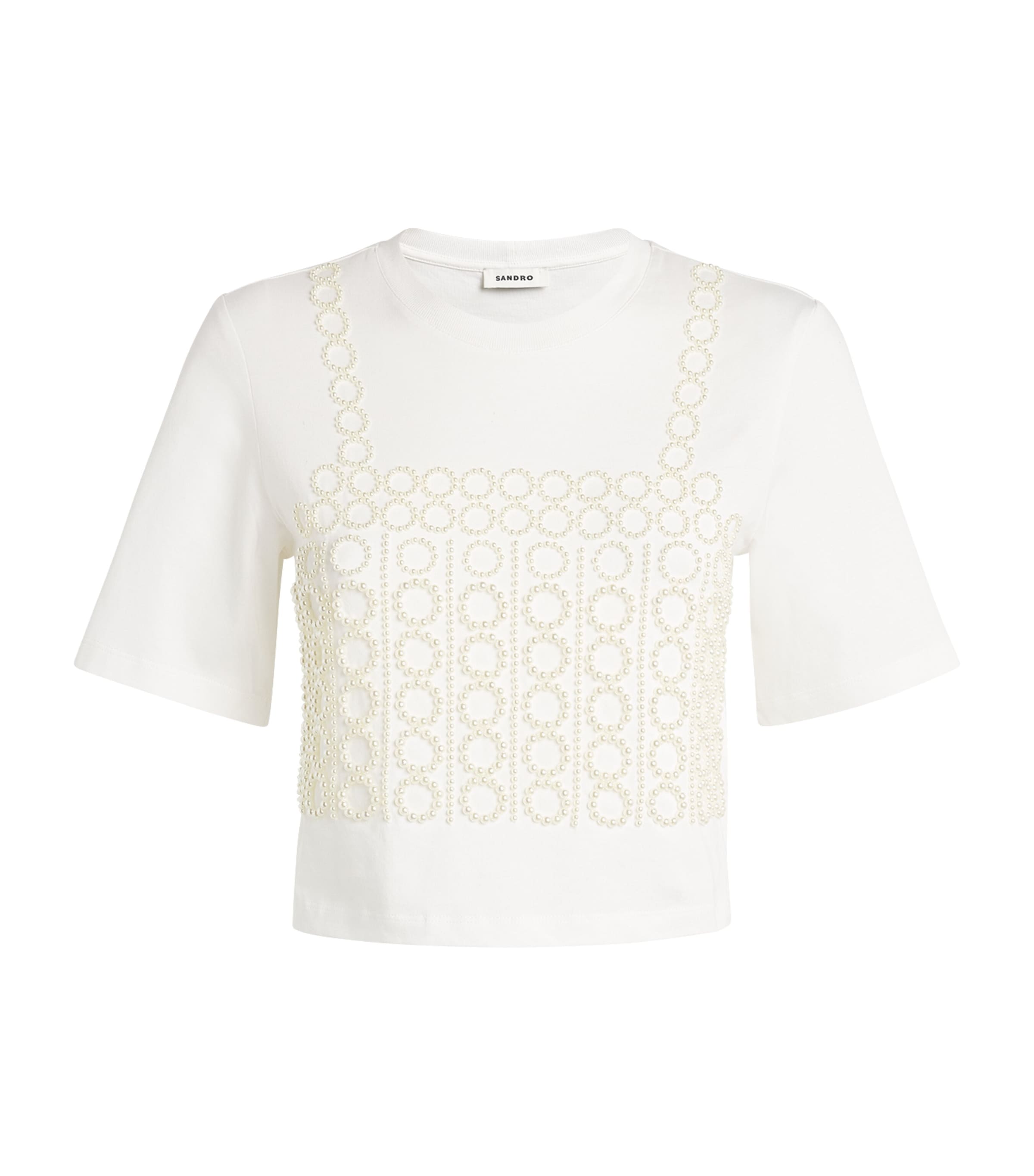 Sandro Womens Beaded Cropped Cotton T-shirt Naturels In Beige
