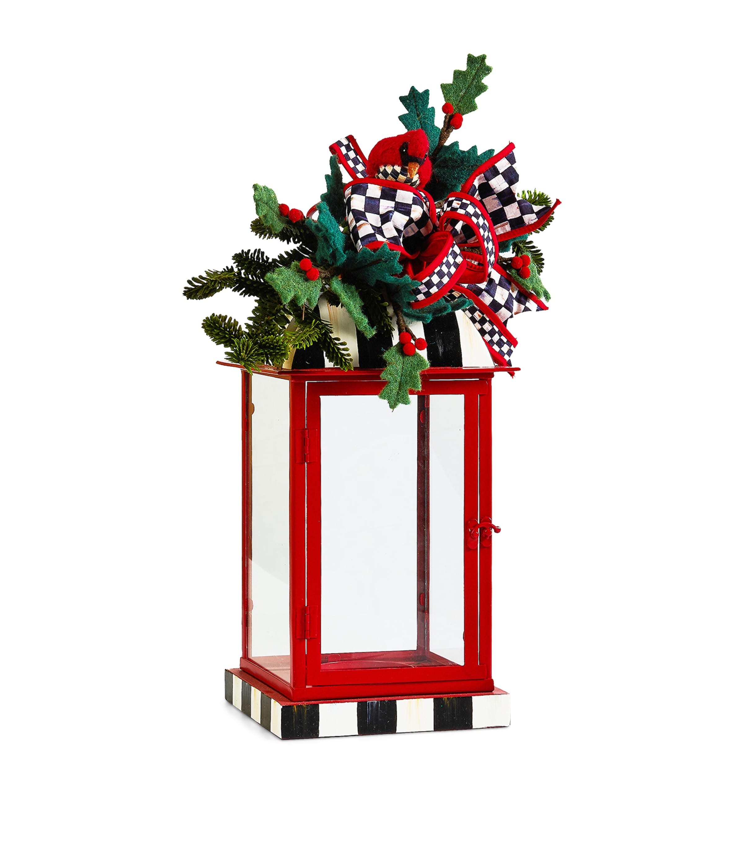 Mackenzie-childs Striped Cozy Christmas Lantern Arrangement In Red
