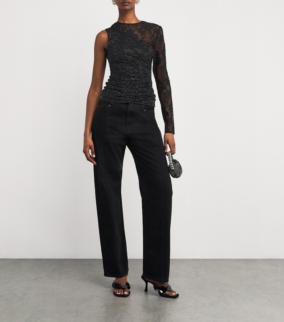 Rhinestone-Lace One-Shoulder Top BLACK Image 2