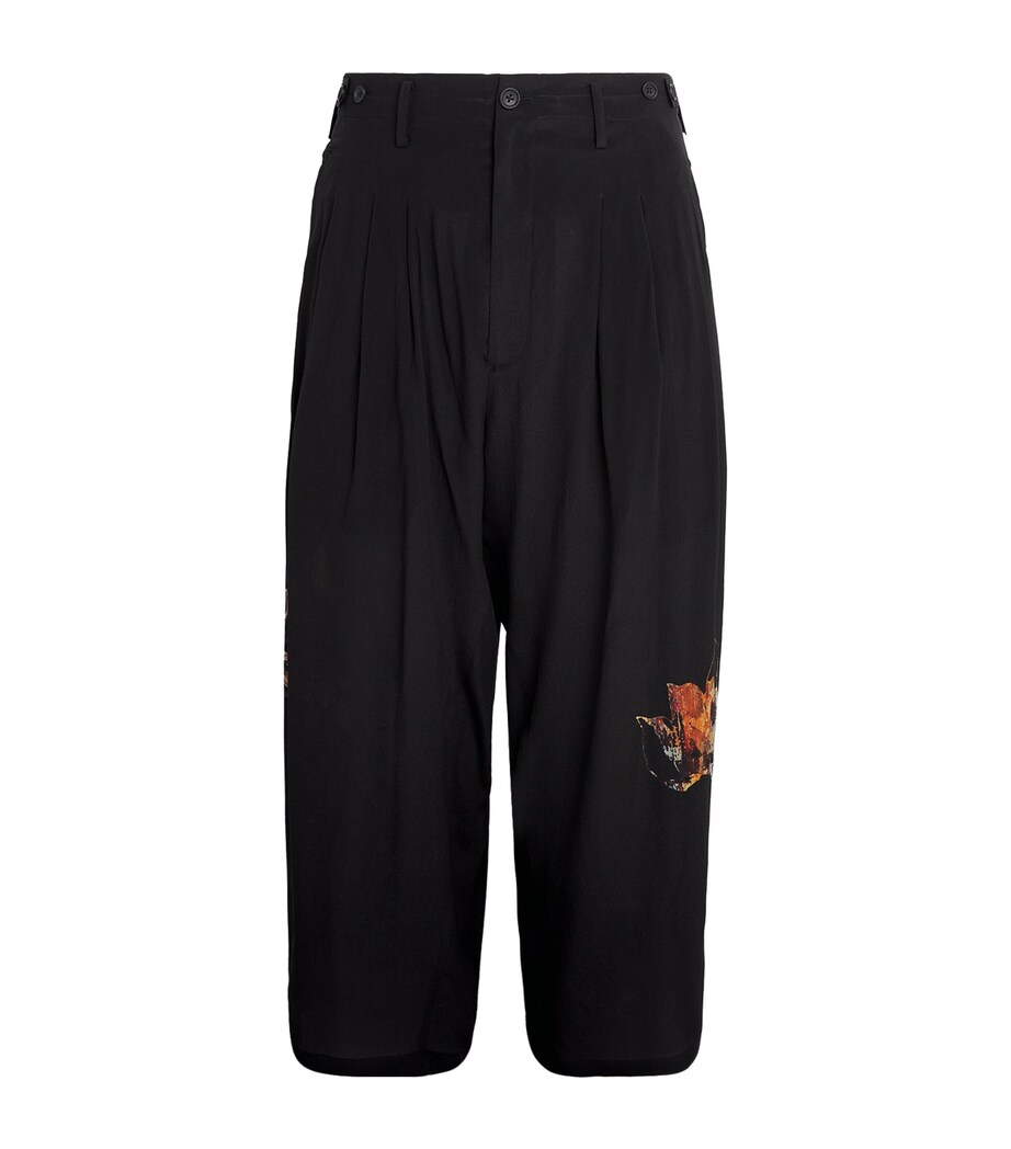 Yohji Yamamoto Mens Silk Floral Print Pleated Trousers Black Image 1