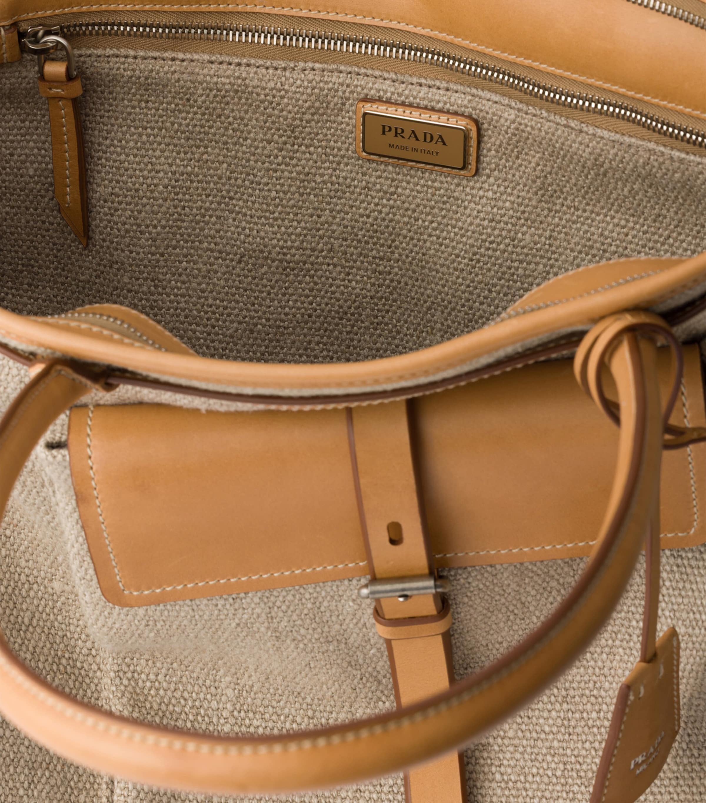 Prada Linen-Leather Route Tote Bag Neutral Image 7