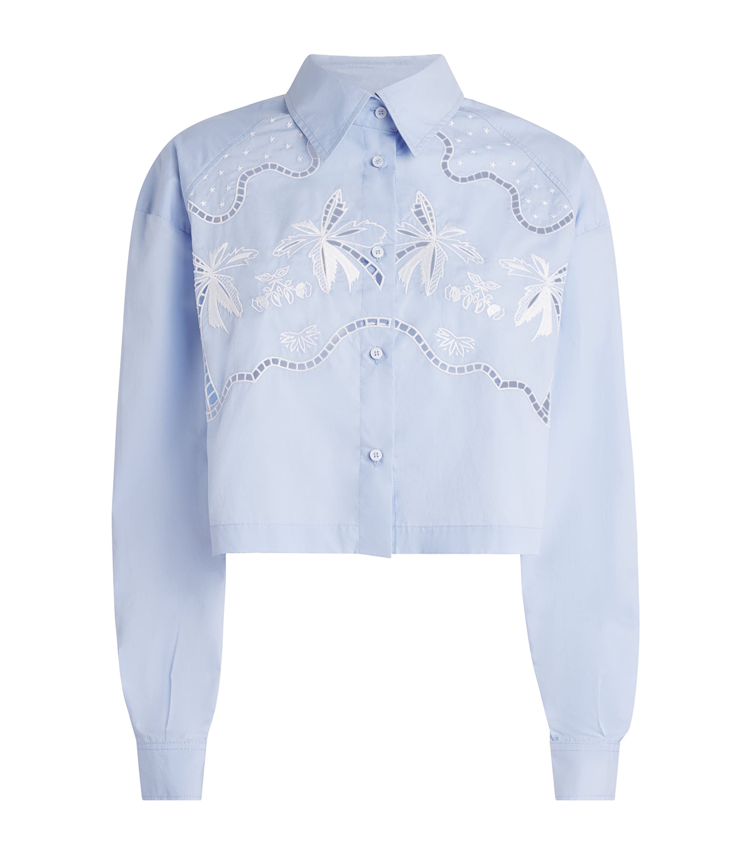 Sandro Paris Womens Cotton Embroidered Open-Work Shirt Sky Blue Image 1
