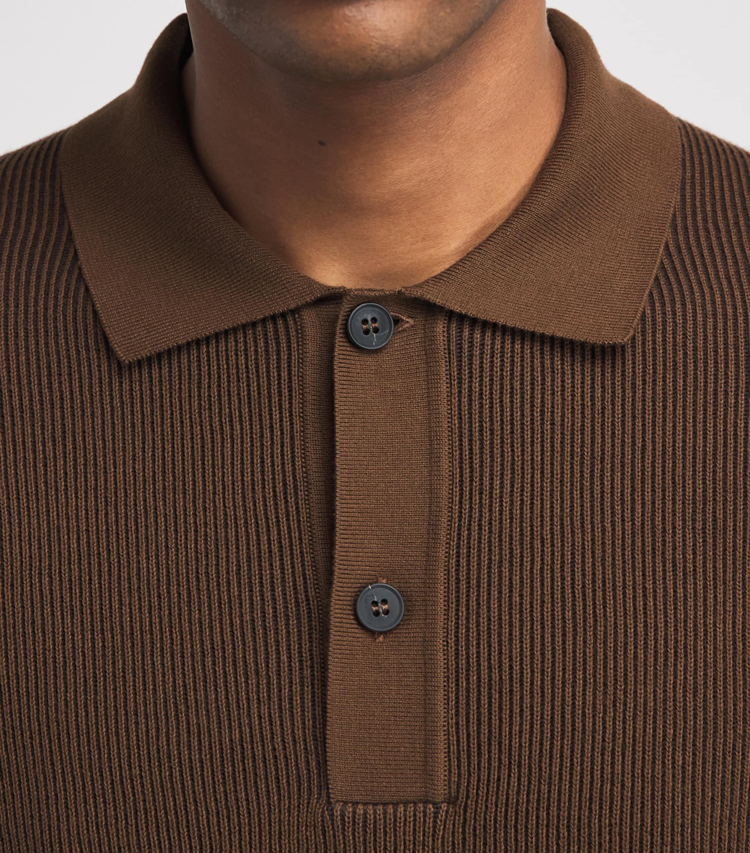 Sunspel Mens Cotton Rib-Knit Polo Shirt Brgu Bronze Image 3