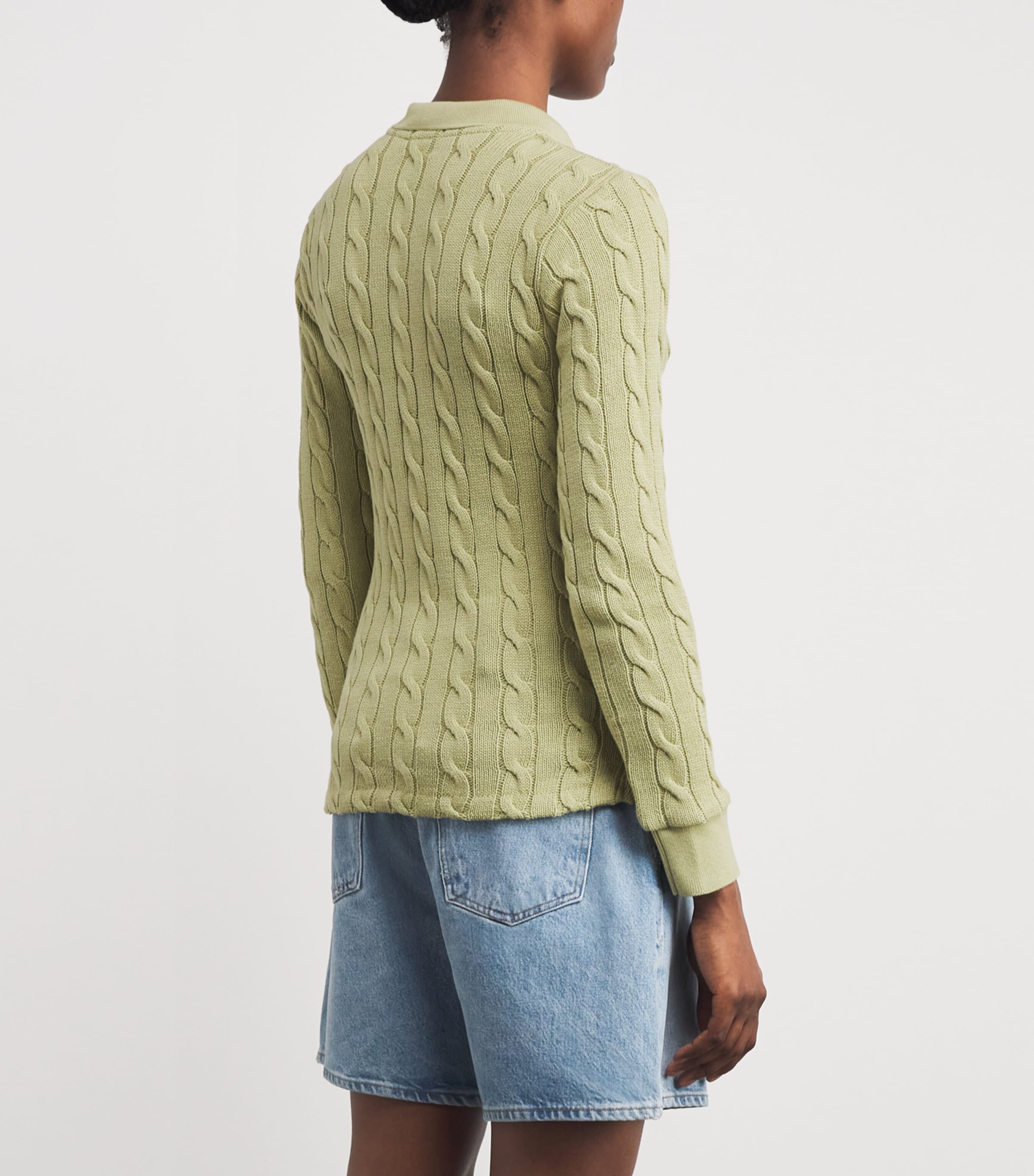 Cotton Cable-Knit Long-Sleeve Polo Shirt LIGHT OLIVE Image 4