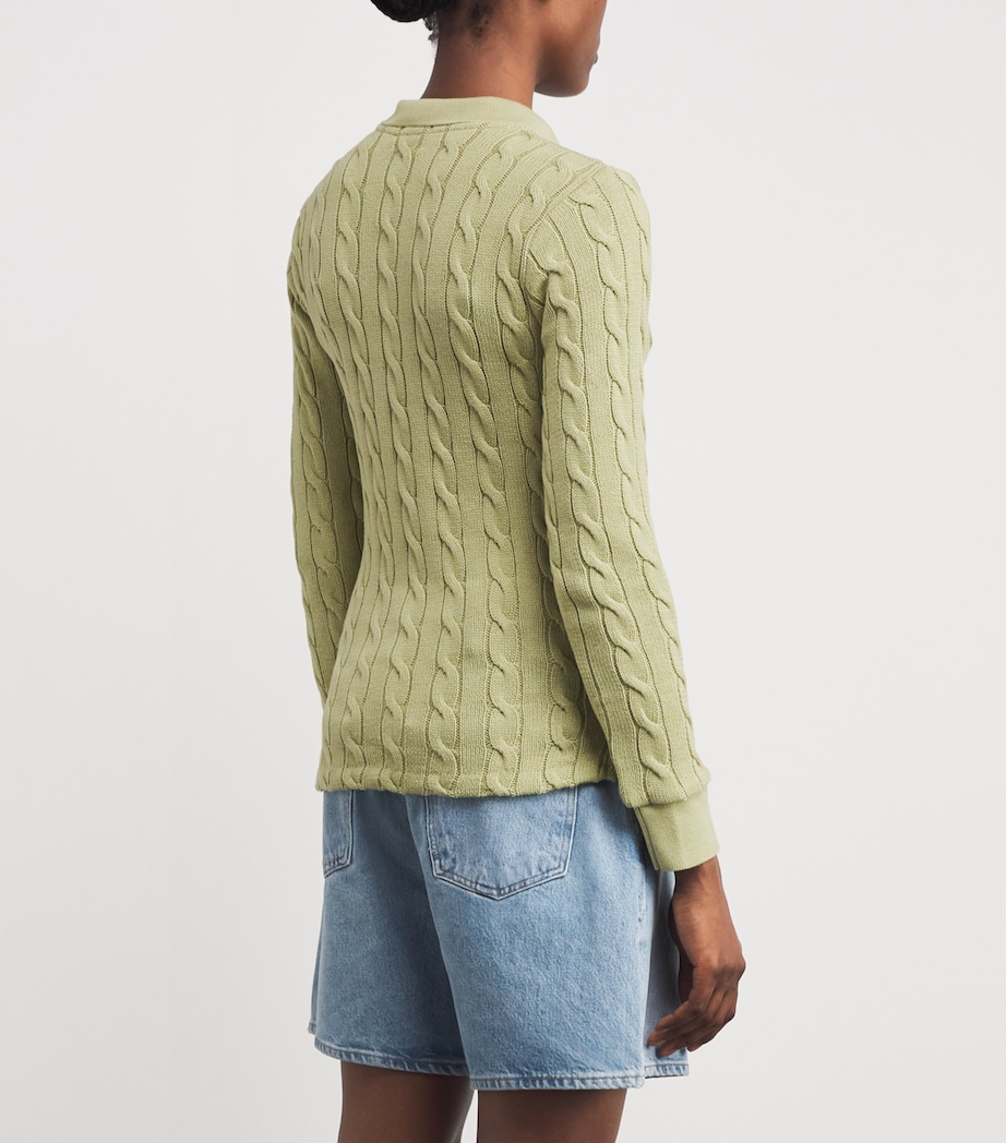 Cotton Cable-Knit Long-Sleeve Polo Shirt LIGHT OLIVE Image 4
