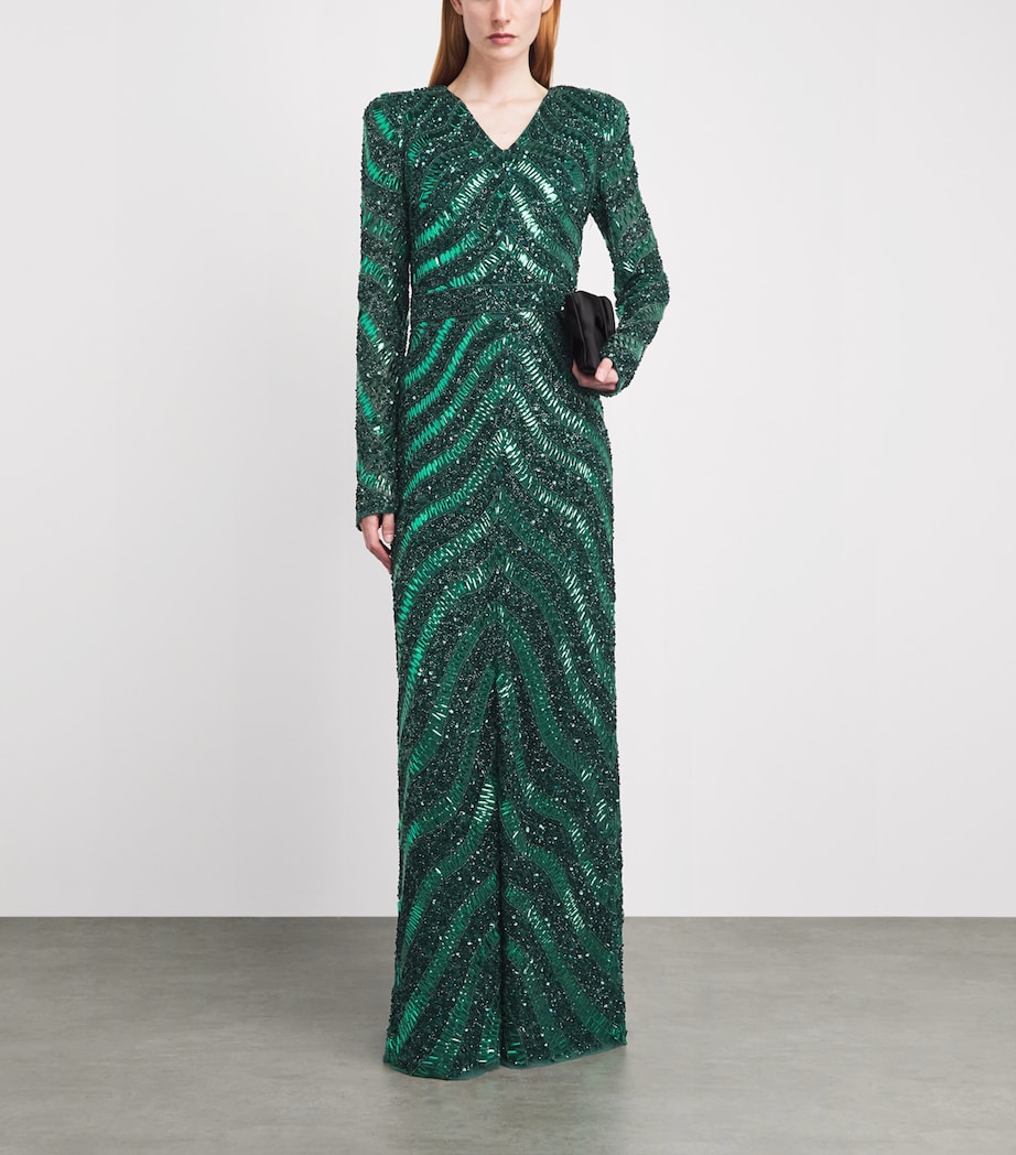 Raishma Womens Embellished V-Neck Eliana Gown Emerald Green Image 2