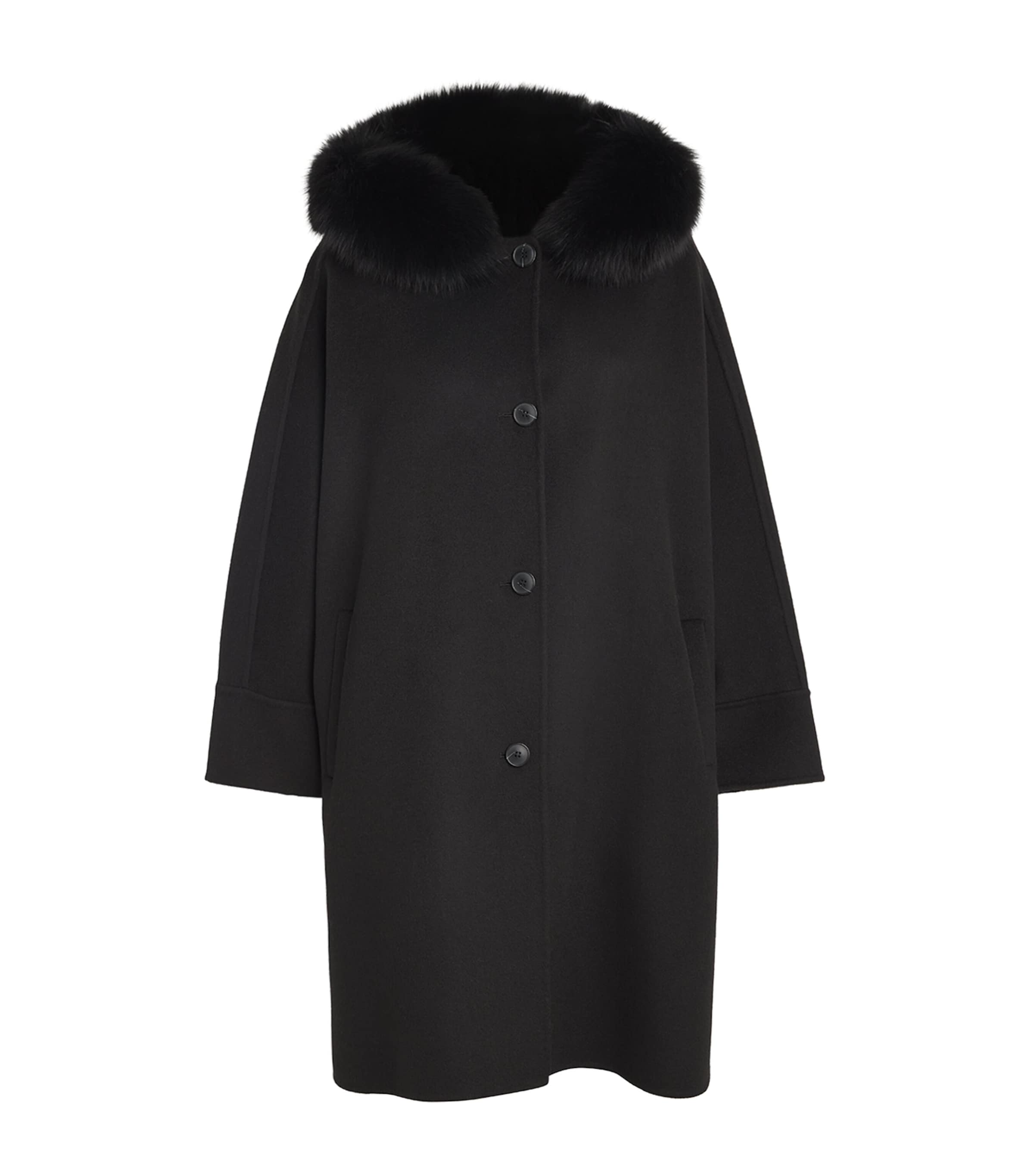 Yves Salomon Wool-cashmere Fox-trim Cape Coat In Black