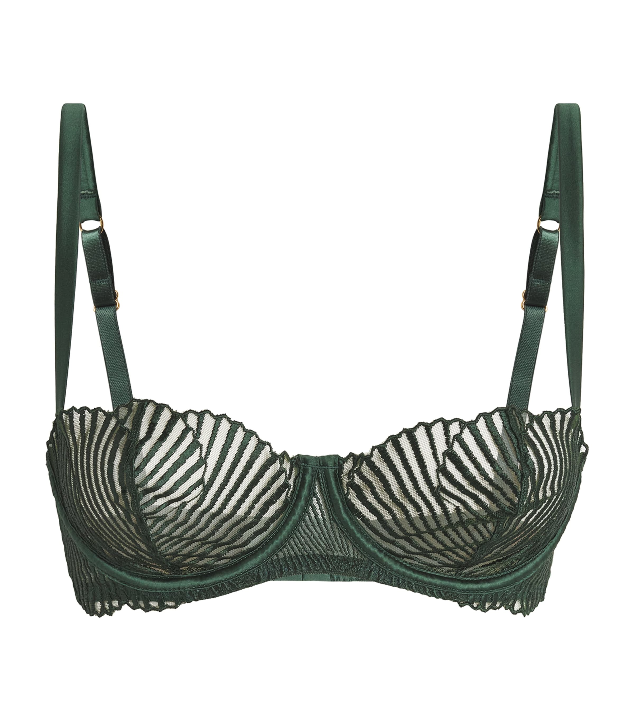 Coco De Mer Athena Forest Green Embroidery Sheer Balconette Bra In Mossy Green