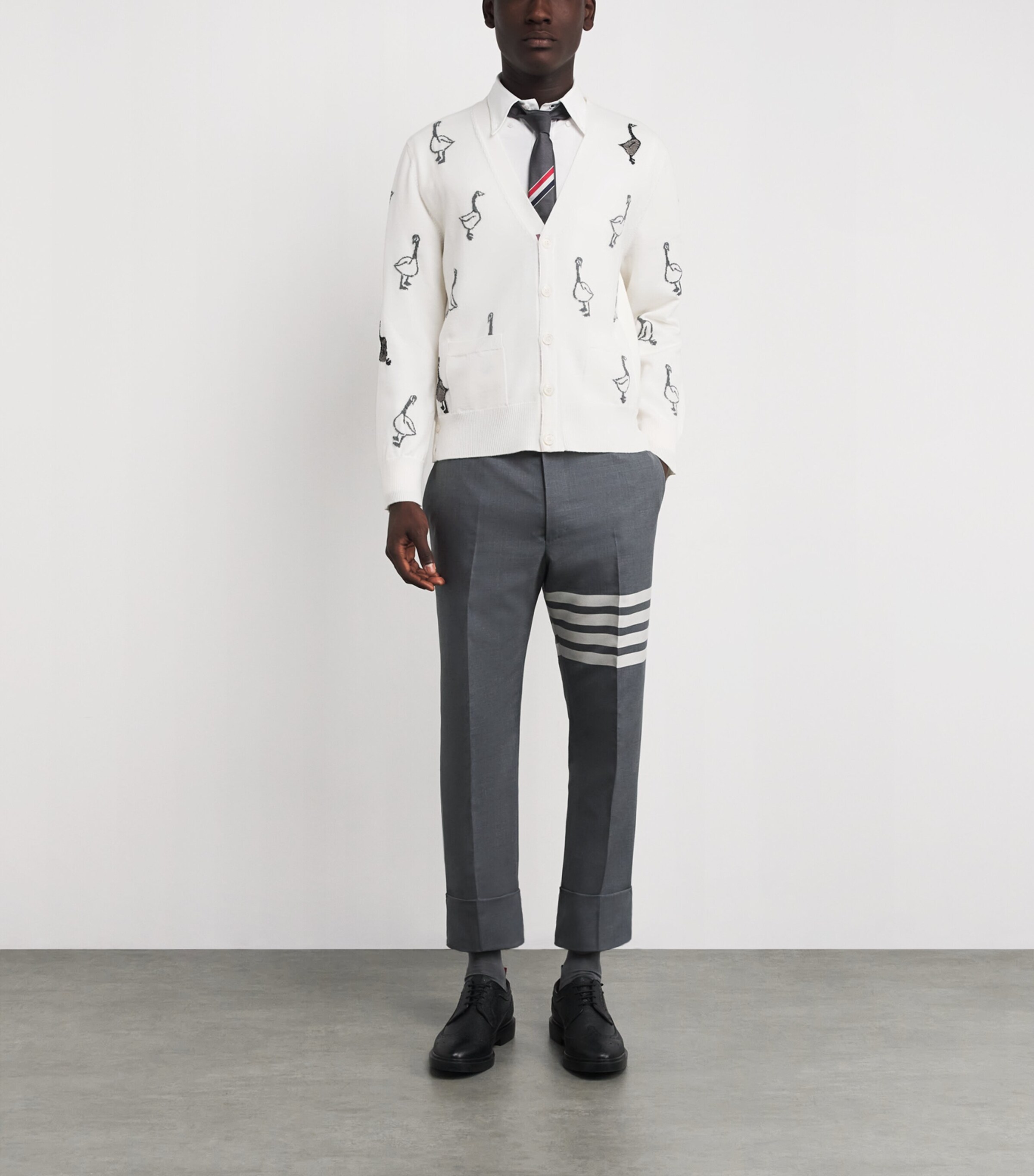 Thom Browne Mens Virgin Wool-Cotton Geese Cardigan White Image 2