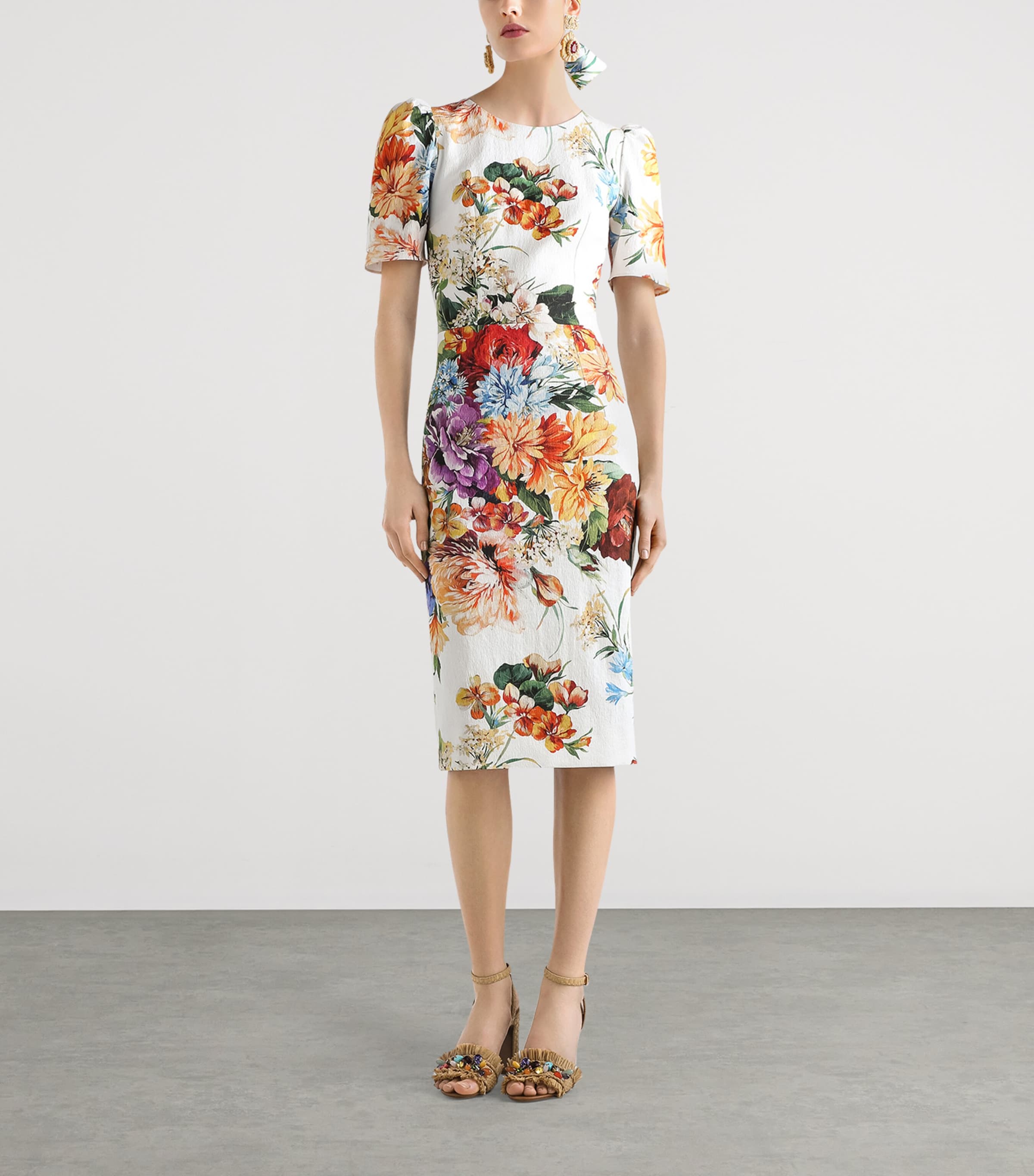 Ffffff Identity White Dresses Dolce Gabbana Floral Print Midi