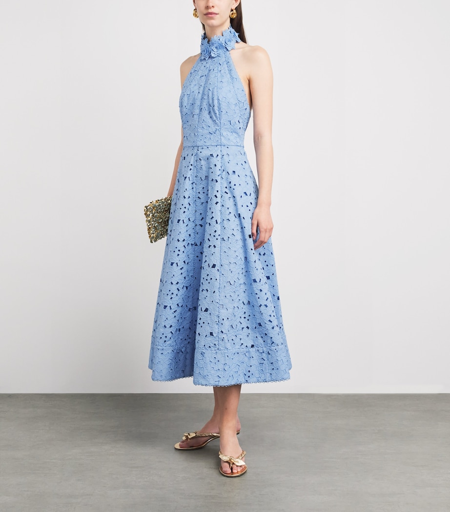 Rebecca Vallance Womens Cotton Embroidered Halterneck Nuvola Midi Dress Blue Image 2