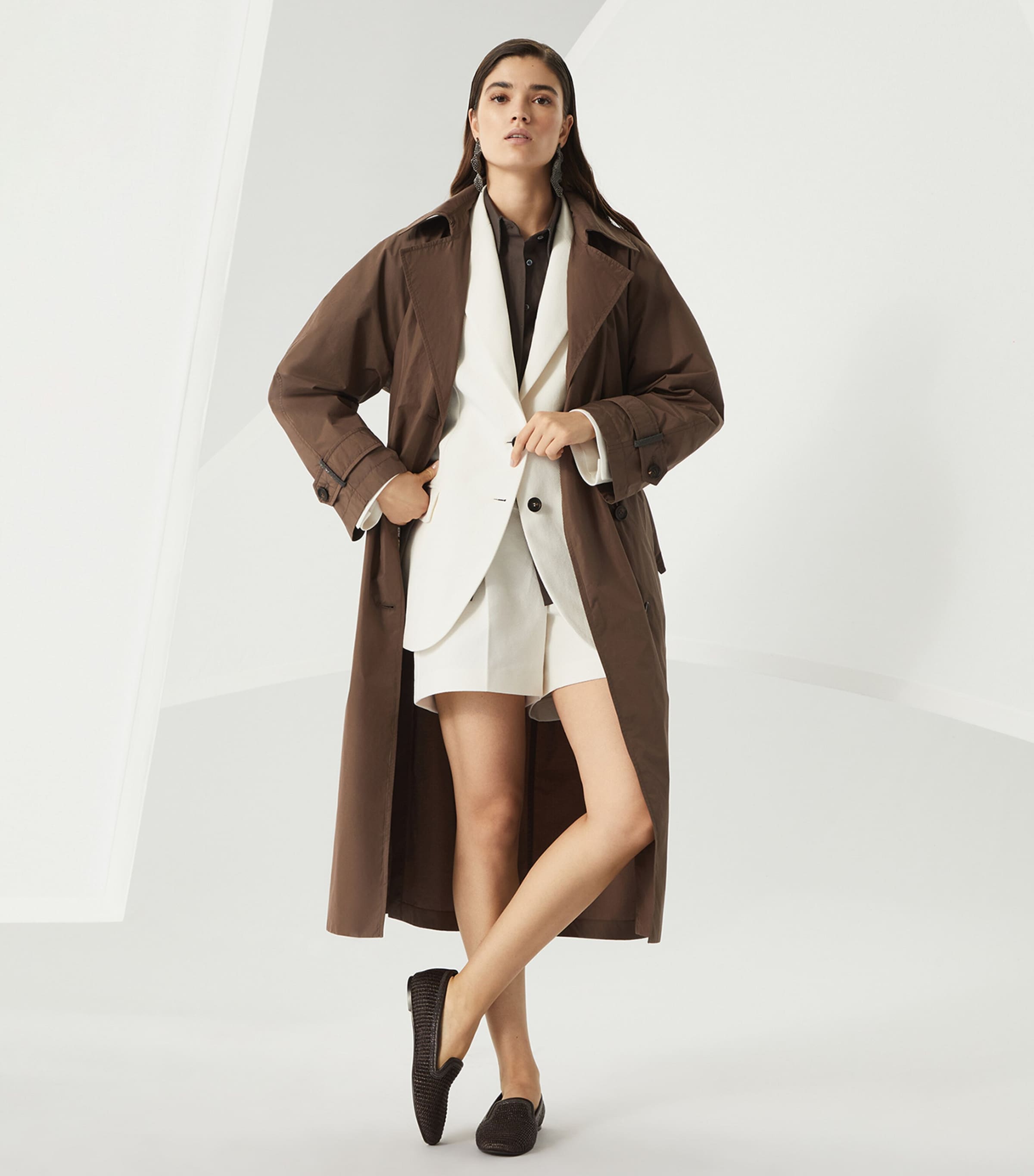 Brunello Cucinelli★素敵Sleeveless Trench Coat W/Monili Belt Trench coat with monili for Woman in Cocoa | Brunello Cucinelli