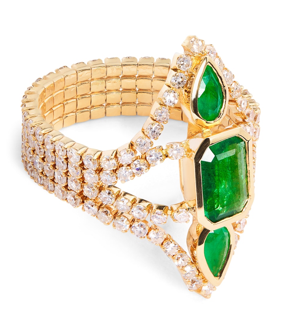 Yellow Gold, Diamond and Emerald Deco Stacked Thread Ring YELLOW GOLD Image 1