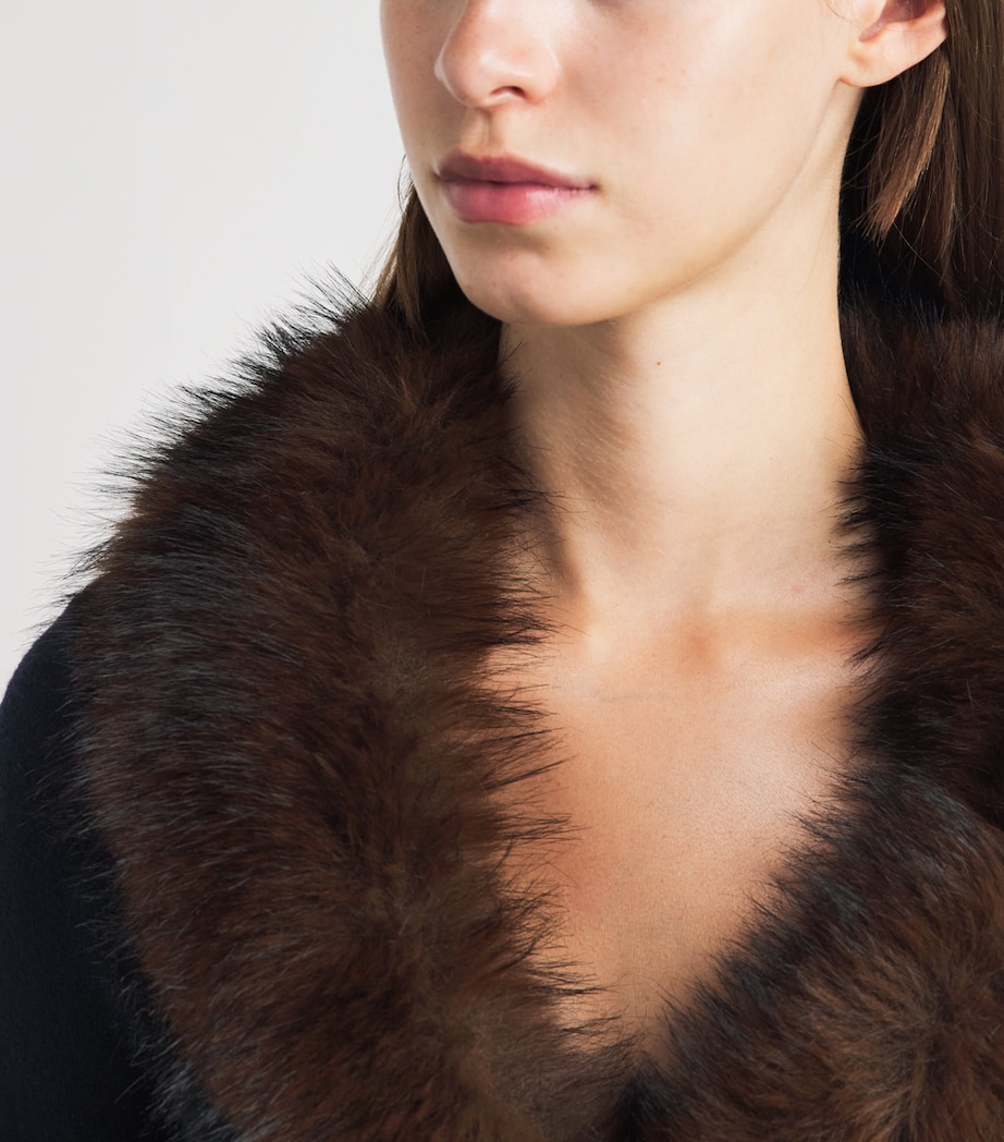 Self-Portrait Womens Cropped Faux Fur-Trim Cardigan Navy Image 3