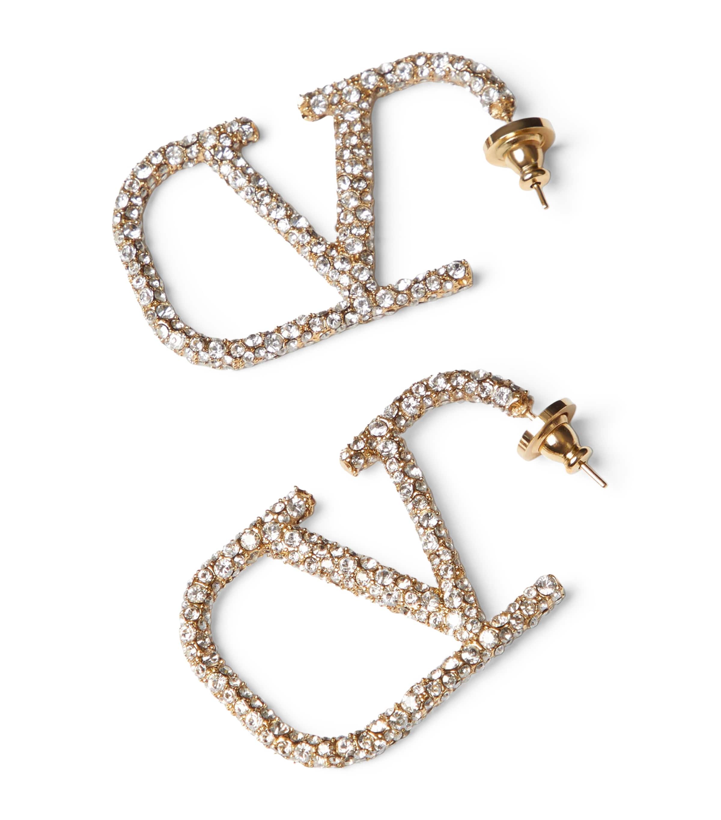 Valentino Crystal-embellished Vlogo Earrings In Gold