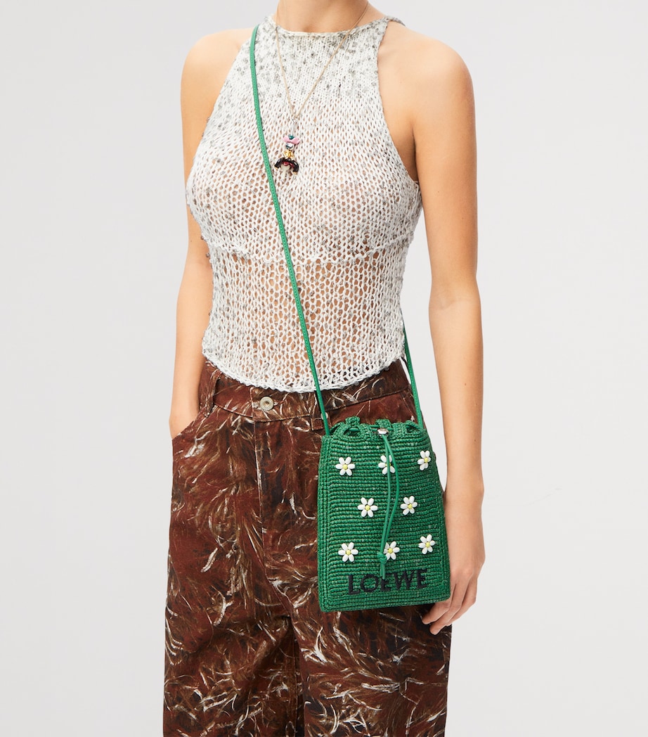 LOEWE x Paula's Ibiza Raffia Floral-Detail Drawstring Pocket Bag Tropical Green/white Image 6
