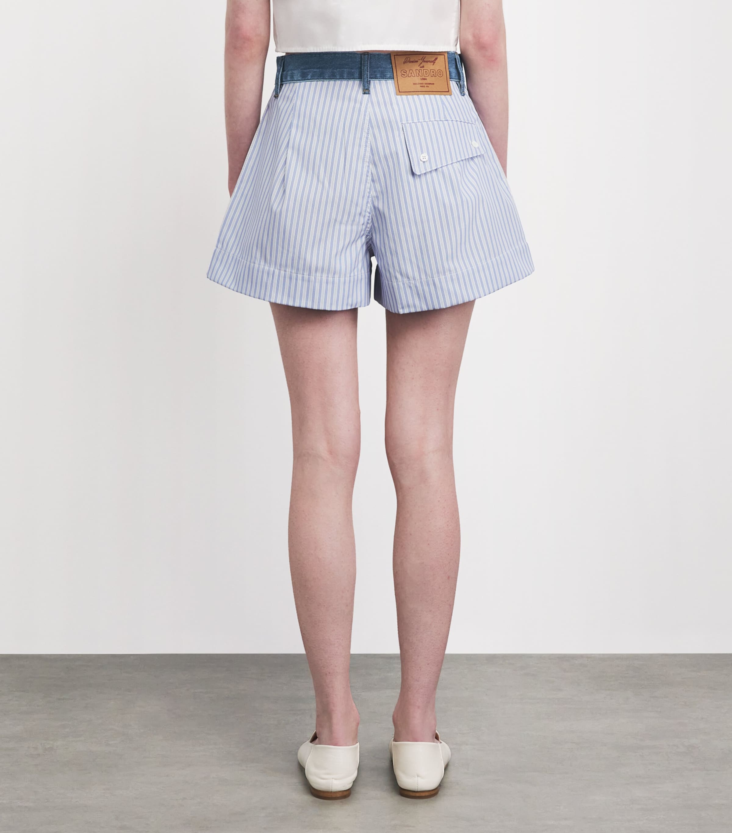 Sandro Paris Womens Poplin Denim-Trim Shorts Blue / Green Image 5