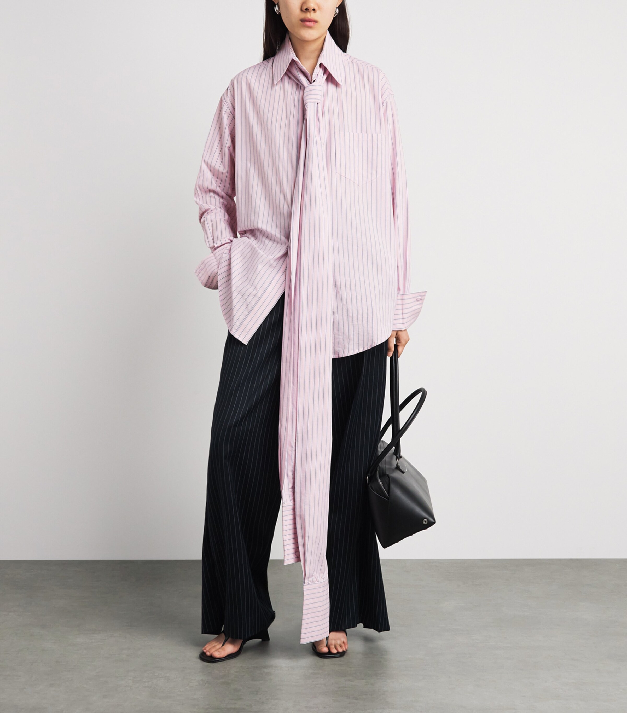 LATE FOR WORK Womens Cotton-Blend Striped Pussybow Shirt Brd Wht Str Image 2