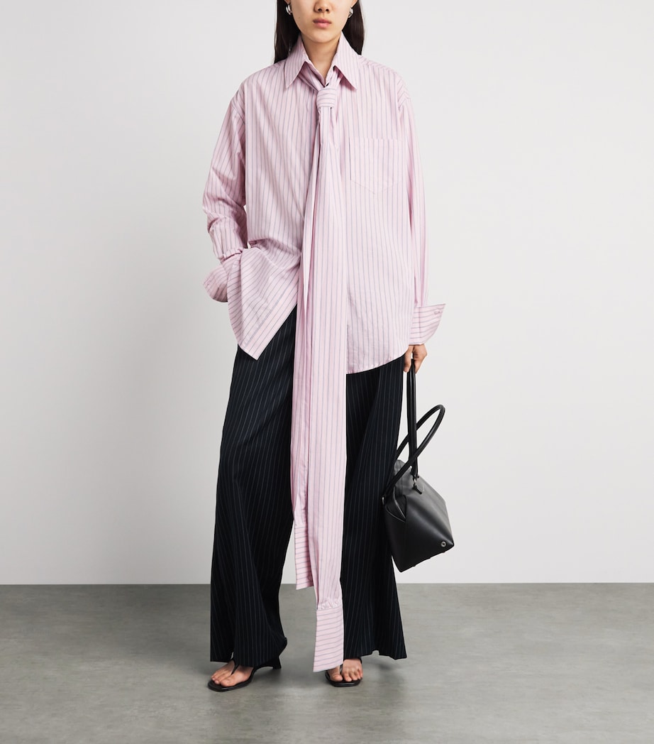 LATE FOR WORK Womens Cotton-Blend Striped Pussybow Shirt Brd Wht Str Image 2