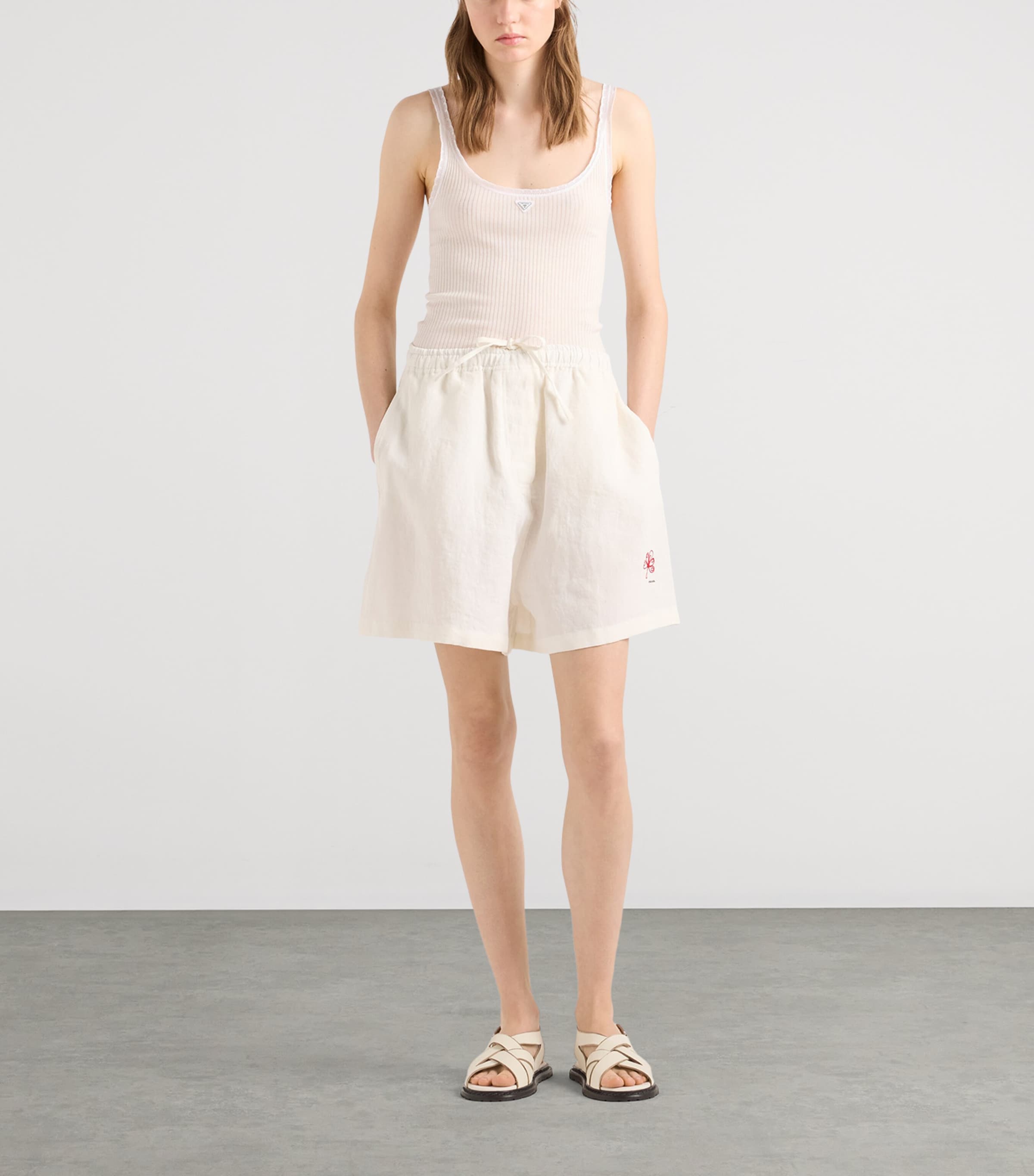 Prada Womens Slubbed Linen Embroidered Shorts White Image 2